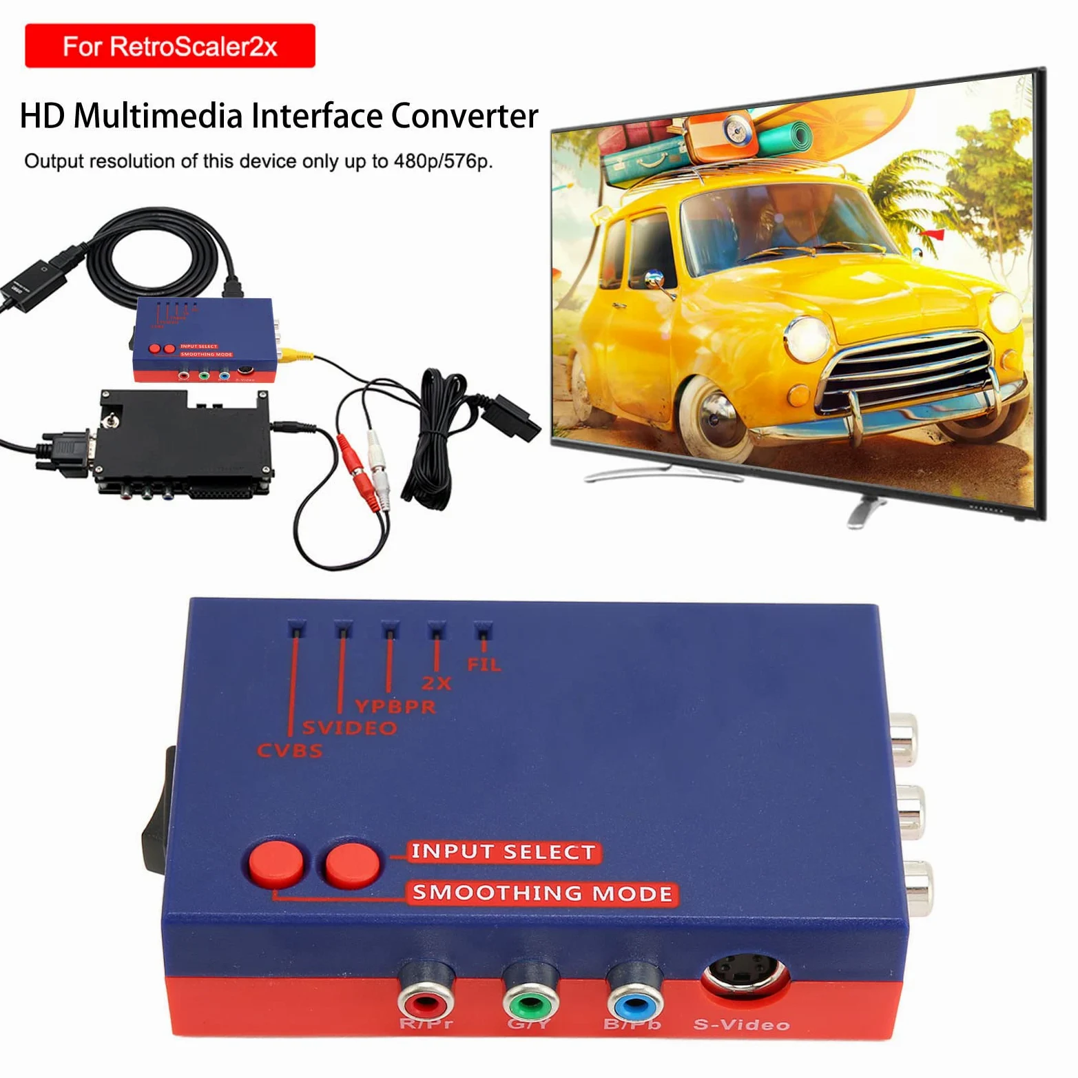 Convertitore RetroScaler2x, Dispositivo di Latenza 'interfaccia Multimediale da AV a HD con Uscita del Segnale 480p60 Reale, per Console di Gioco retrò N64 Dreamcast (Blu)