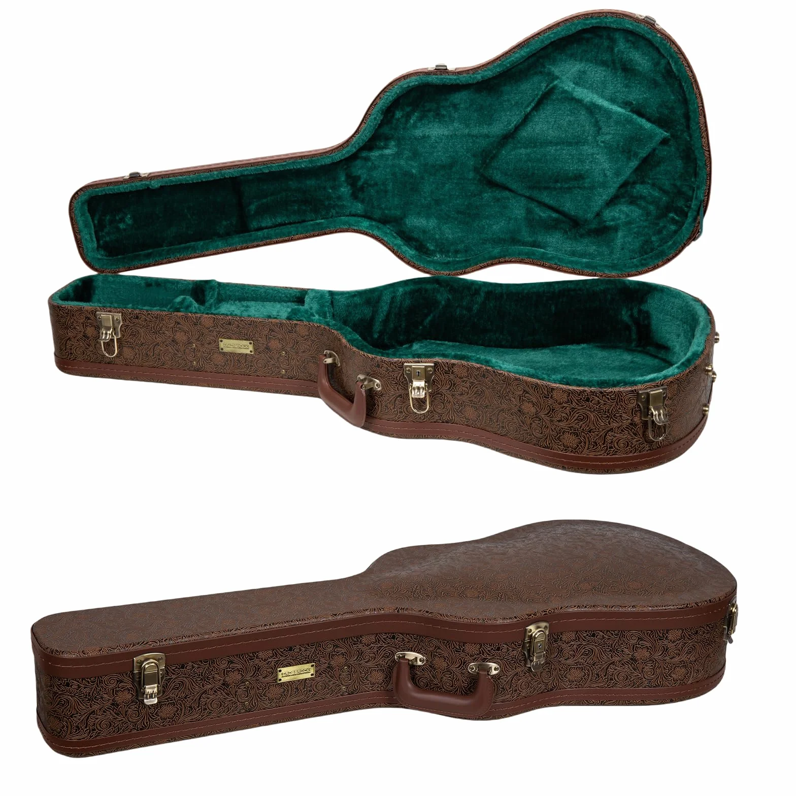 Crossrock Custodia per chitarra Dreadnought della serie Dreadnought per Gibson J-45/Martin D-Style, ecopelle marrone fiore, interno in velluto verde foresta, serratura, custodia rigida in legno di
