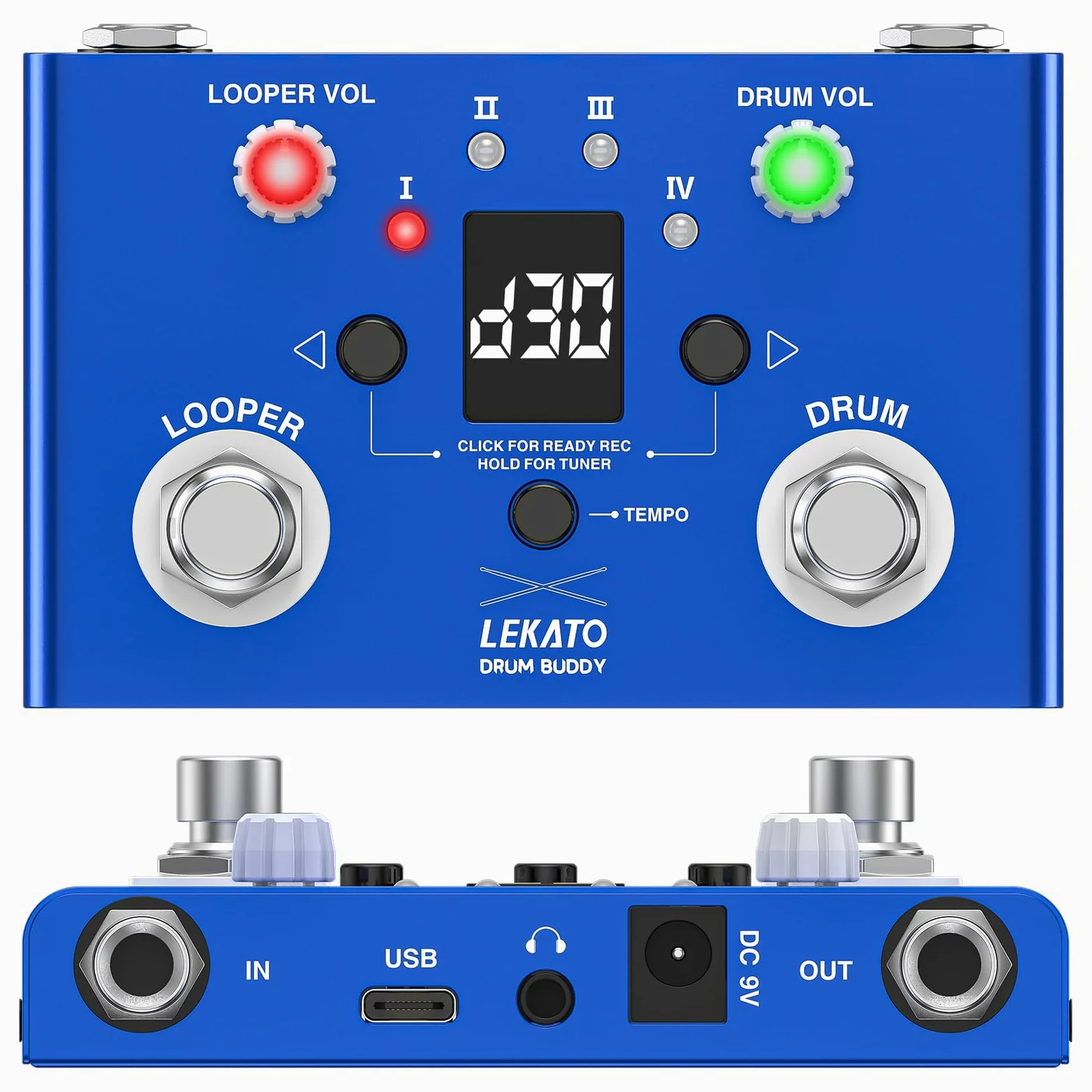 LEKATO Drum Looper Pedal con Tuner, 4 Loops 11 Minutes Loop Pedal con Drum Machine 30 Drums con App per personalizzare modificare e salvare il groove di batteria per chitarra elettrica e basso