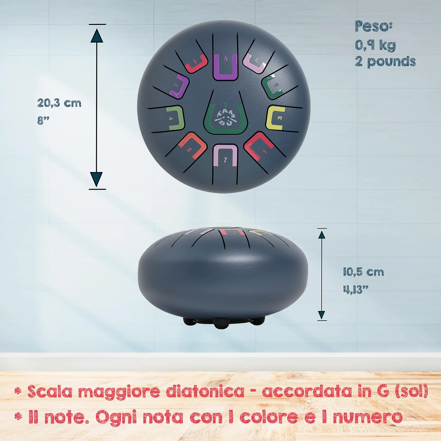 TAMBÚ - Tamburo in acciaio, 20,3 cm, 11 note, Handpan, strumento a percussione metallico (blu opaco)
