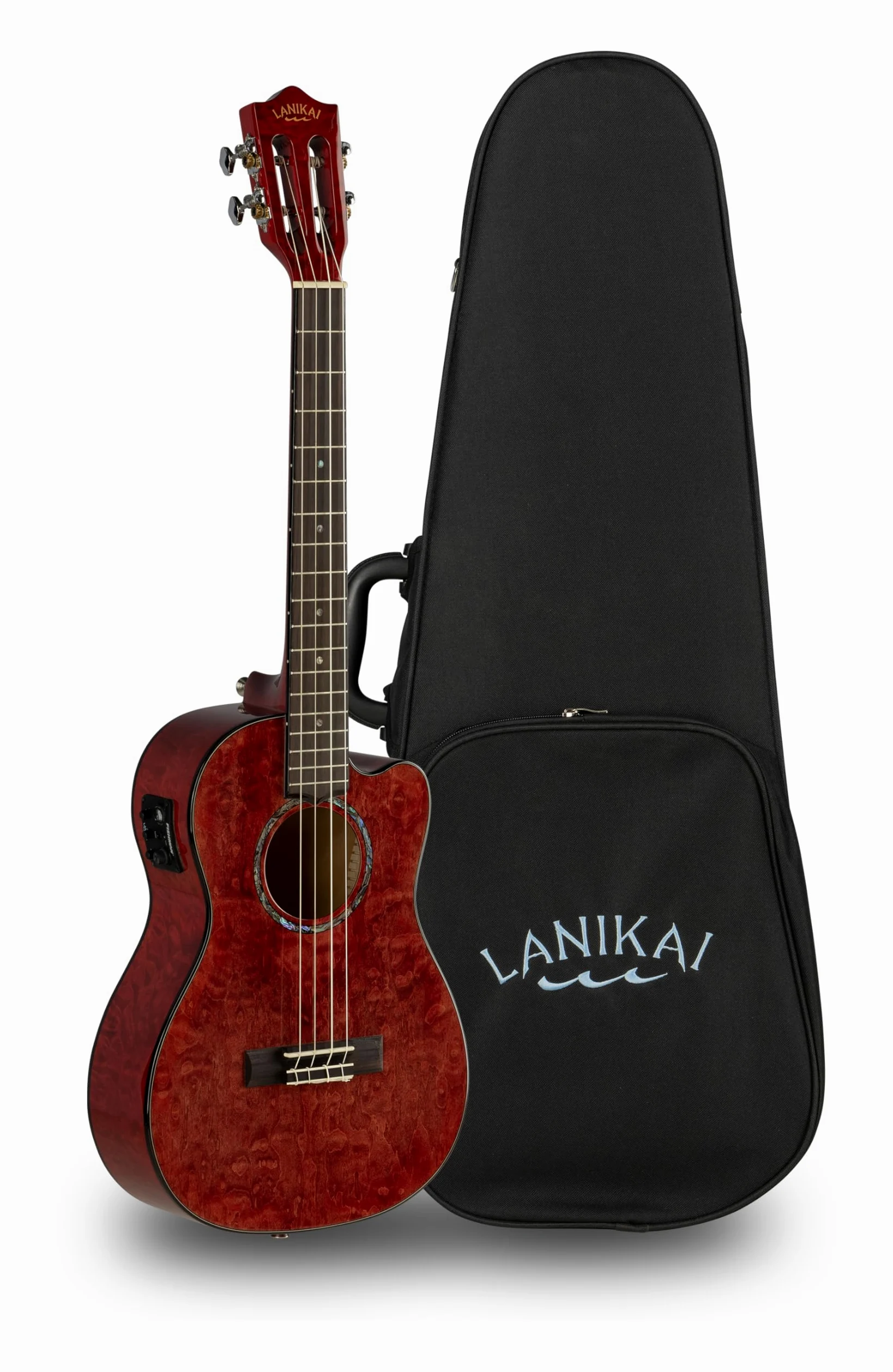 Lanikai QM-RDCEB - Ukulele baritono con custodia in schiuma trapuntata color acero rosso