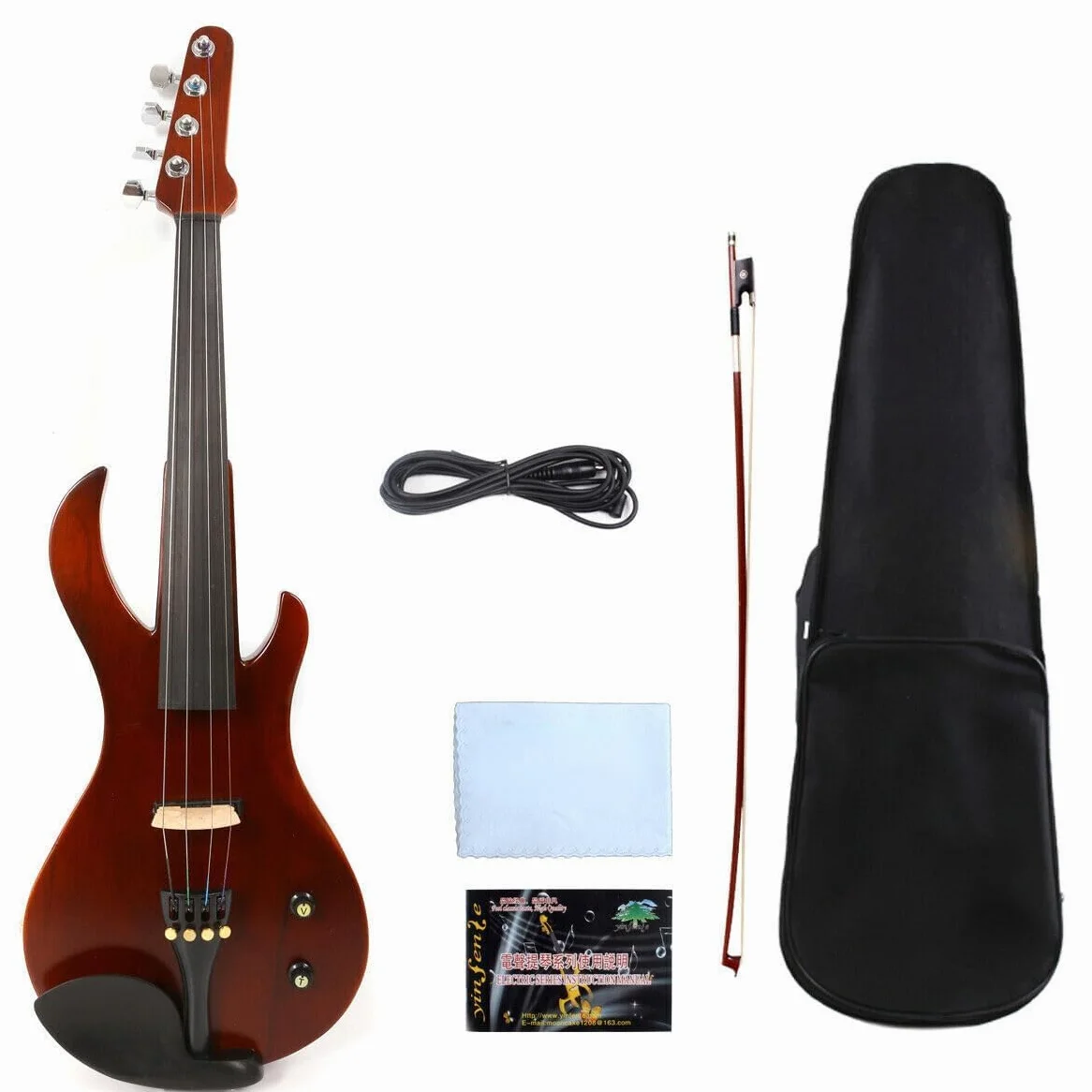 Kit violino elettrico silenzioso 4/4 full-size per violino elettrico silenzioso corpo in legno massello con accessori in ebano a forma di chitarra potente suono, custodia, arco