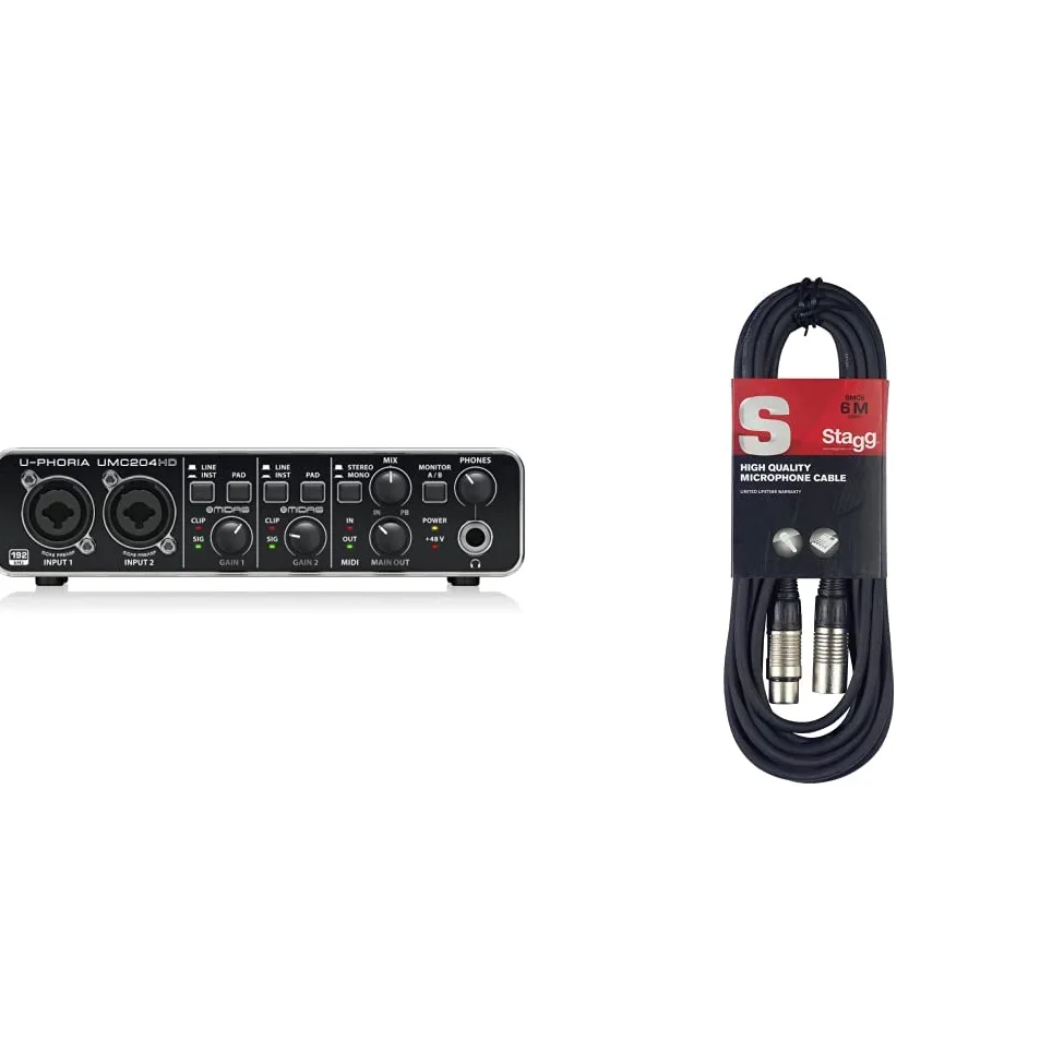 Behringer U-PHORIA UMC204HD, scheda audio/interfaccia MIDI 2x4 USB, 24-Bit/192 kHz & Stagg Cavo di Alta Qualita XLRf a XLRm Plug Microphone, 6 m, Nero