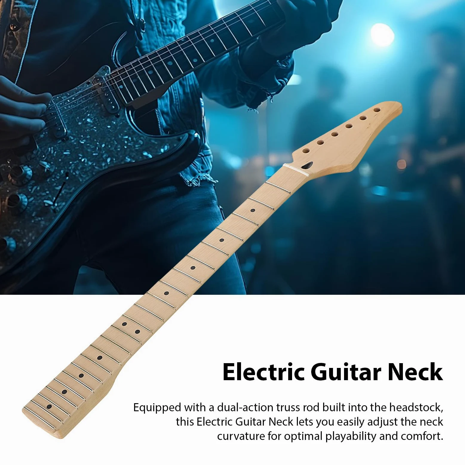 Fockety Manico per chitarra elettrica di ricambio ST, truss rod a doppia azione, tastiera in acero per mano destra, 22 tasti, capotasto in osso, fori di accordatura preforati da 10 mm