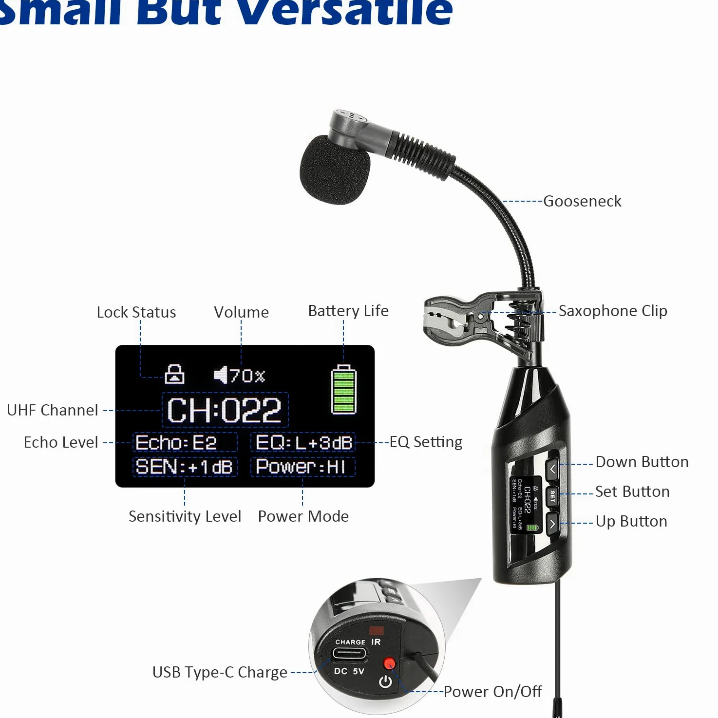 SGPRO microfoni wireless per sassofono, microfono a clip per sax e tromba, equalizzatore preimpostato e livello di eco, trasmissione da 5 m, ricaricabile, trasmettitore e ricevitore