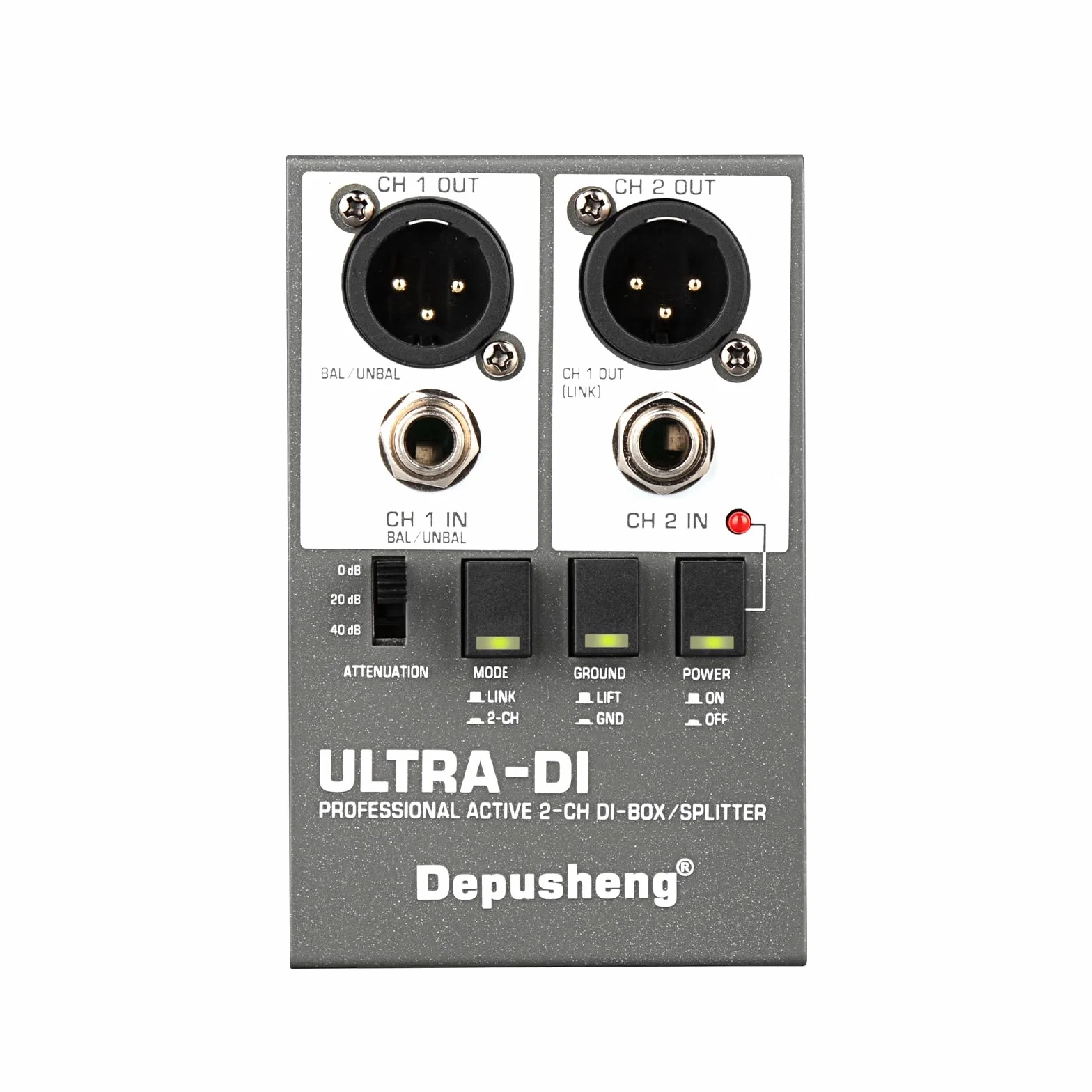 Depusheng Ultra-DI Di2 Professional Active DI-Box/Splitter a 2 canali con attenuatore di ingresso per collegare chitarra e basso, connettore bilanciato e sbilanciato, alimentazione 48V supportata