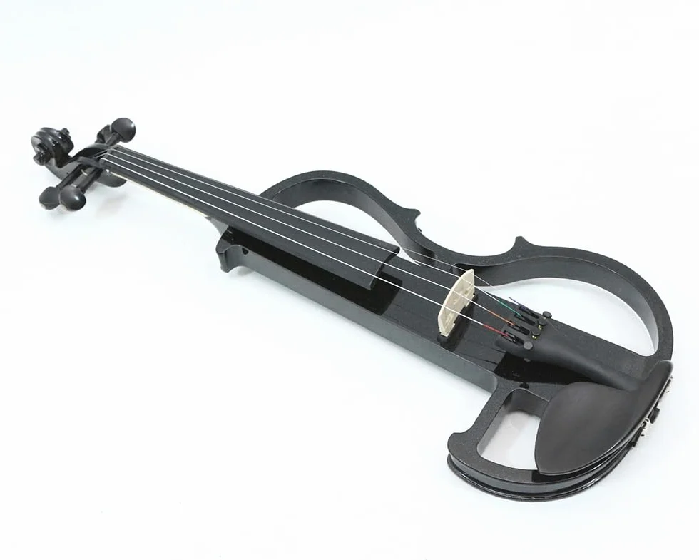 Violino elettrico full size silenzioso corpo in legno massello ebano raccordi con custodia, archetto, cuffie, cavo, corde per studenti, principianti e adulti (nero)