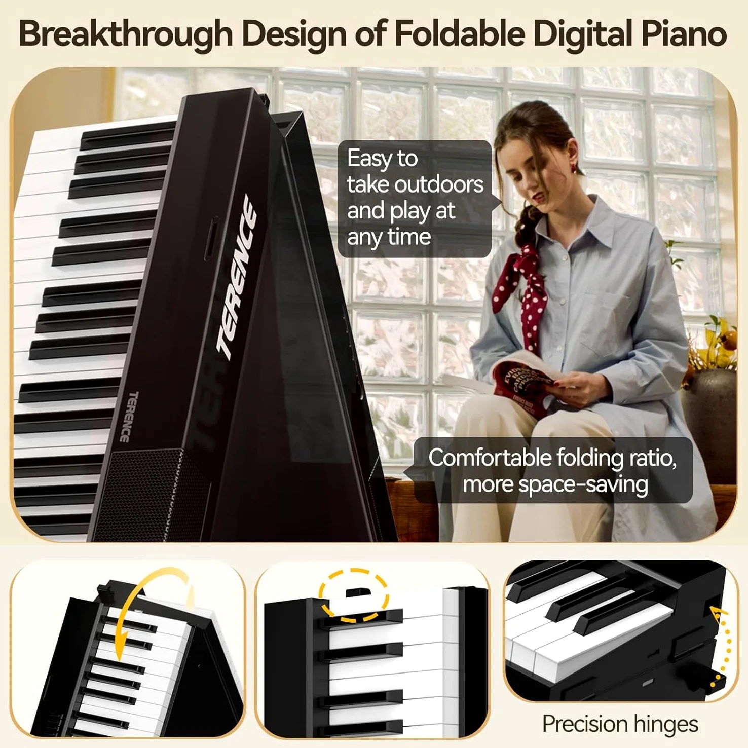TERENCE Pieghevole Pianoforte Digitale 88 Tasti semi-pesati con batteria da 1800 mAh Altoparlanti 2x5W Bluetooth interfaccia MIDI supporto per spartiti Borsa adesiva Cavo audio con Pedale di sostegno