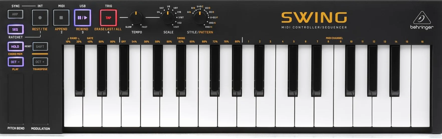 Behringer SWING Tastiera controller MIDI USB a 32 tasti con sequenziamento polifonico a 64 passaggi, modalità accordi e arpeggiatore