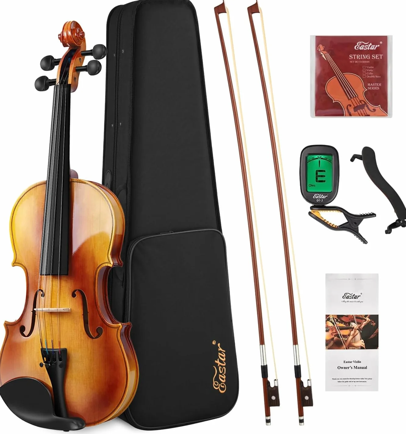 Set di violino Eastar 4/4 in legno massello per adulti con custodia rigida, spalliera, due archetti, accordatore a clip e corde extra, EVA-330