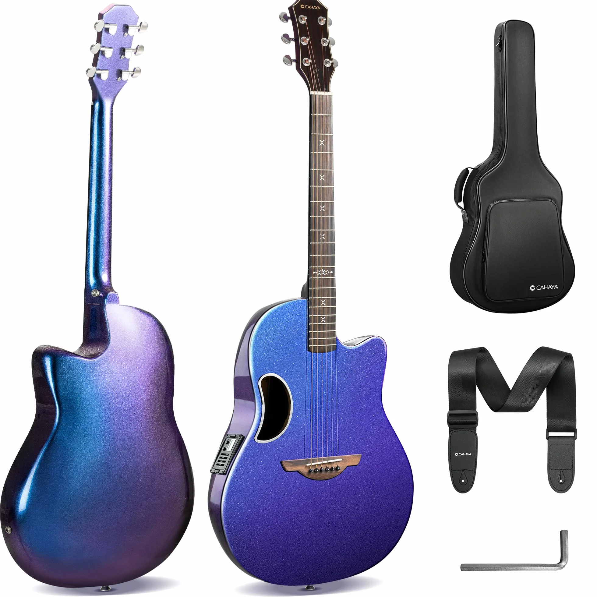 CAHAYA Chitarra Elettro-Acustica 41 Pollici: Fibra di Carbonio con Finitura Sfuma Blu-Viola Elegante, Tavola in Abete, Pickup Piezo Integrato, Perfetta per Viaggio e Palco (CCF0396P)