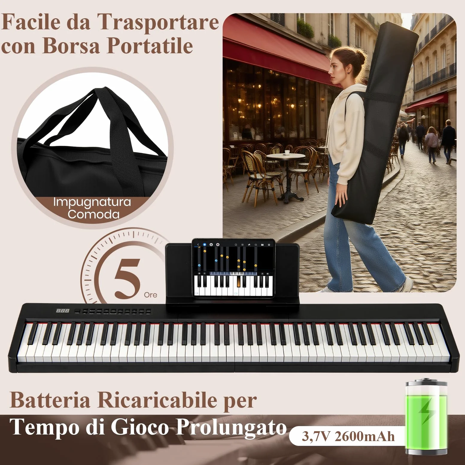 RELAX4LIFE Tastiera Elettrica Portatile con 88 Tasti, Sensibile alla Velocità con Molteplici Fonti Audio, MIDI, Pedale, Leggio, Adattatore e Batteria Ricaricabile (NERO)