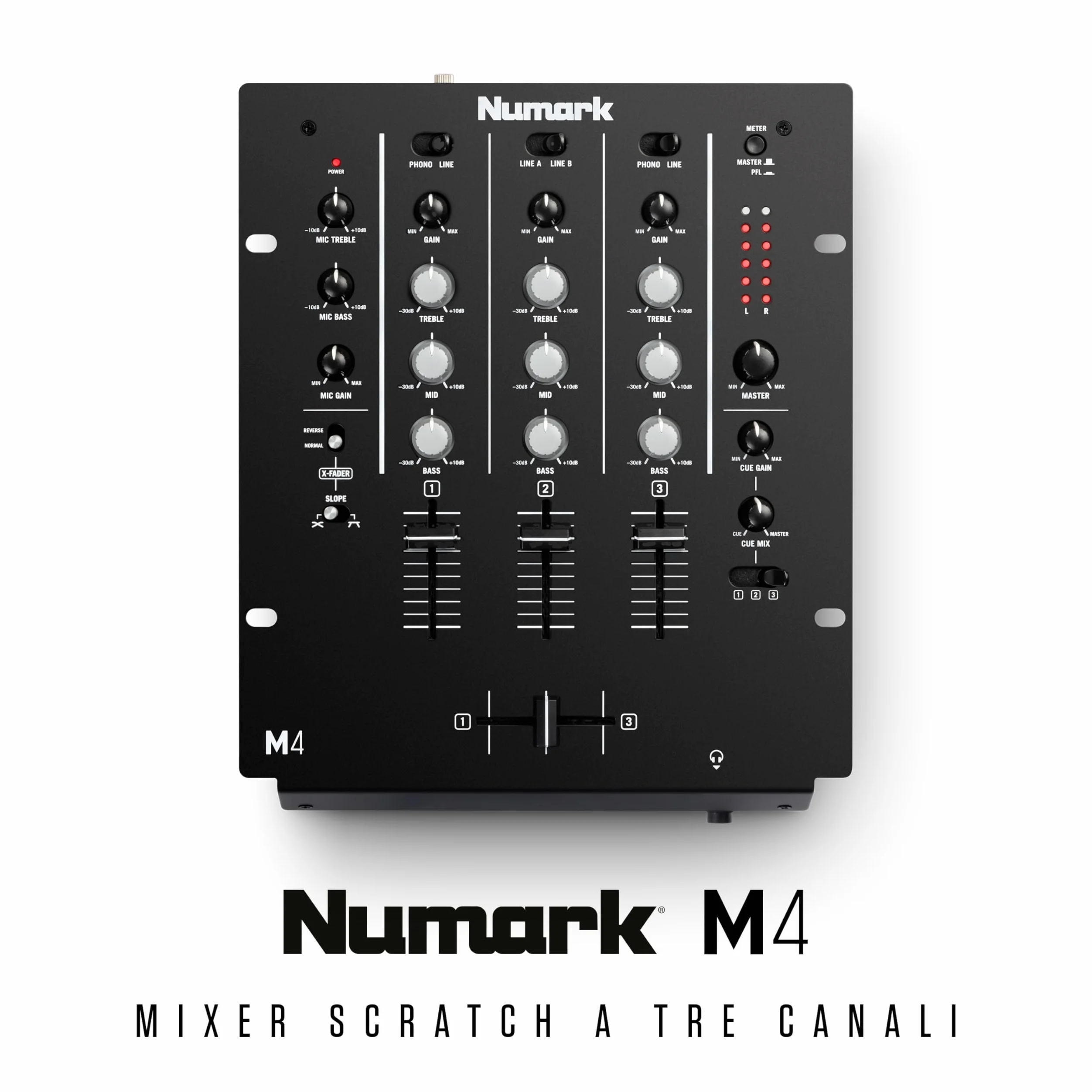 Numark M4 - Mixer Scratch 3 Canali a Rack per DJ con EQ a 3 Bande, Ingresso Microfonico, Crossfader Sostituibile e Controlli Slope e Reverse