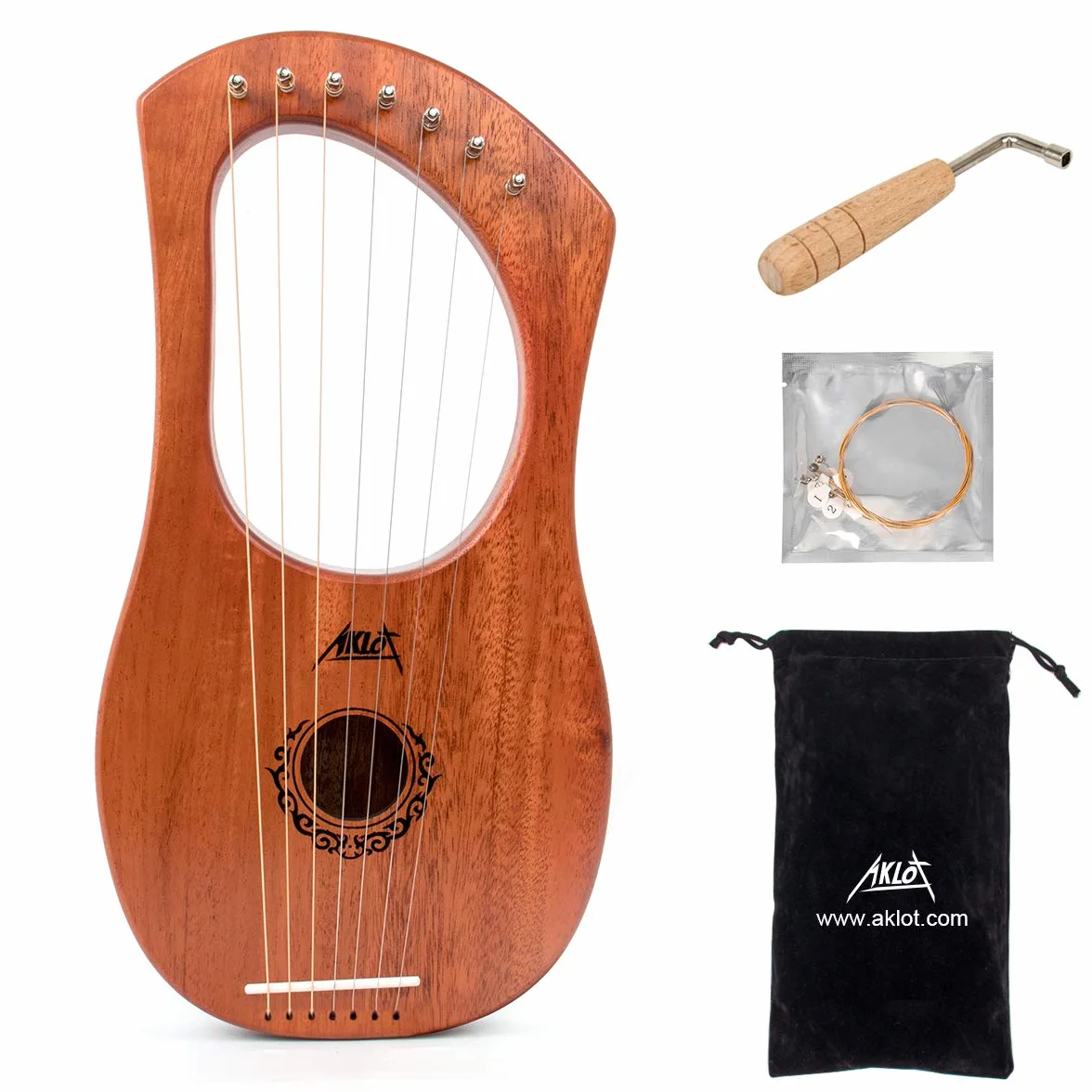 Lyre harp,AKLOT lira arpa 7 corde in metallo in mogano con chiave di accordatura e custodia nera