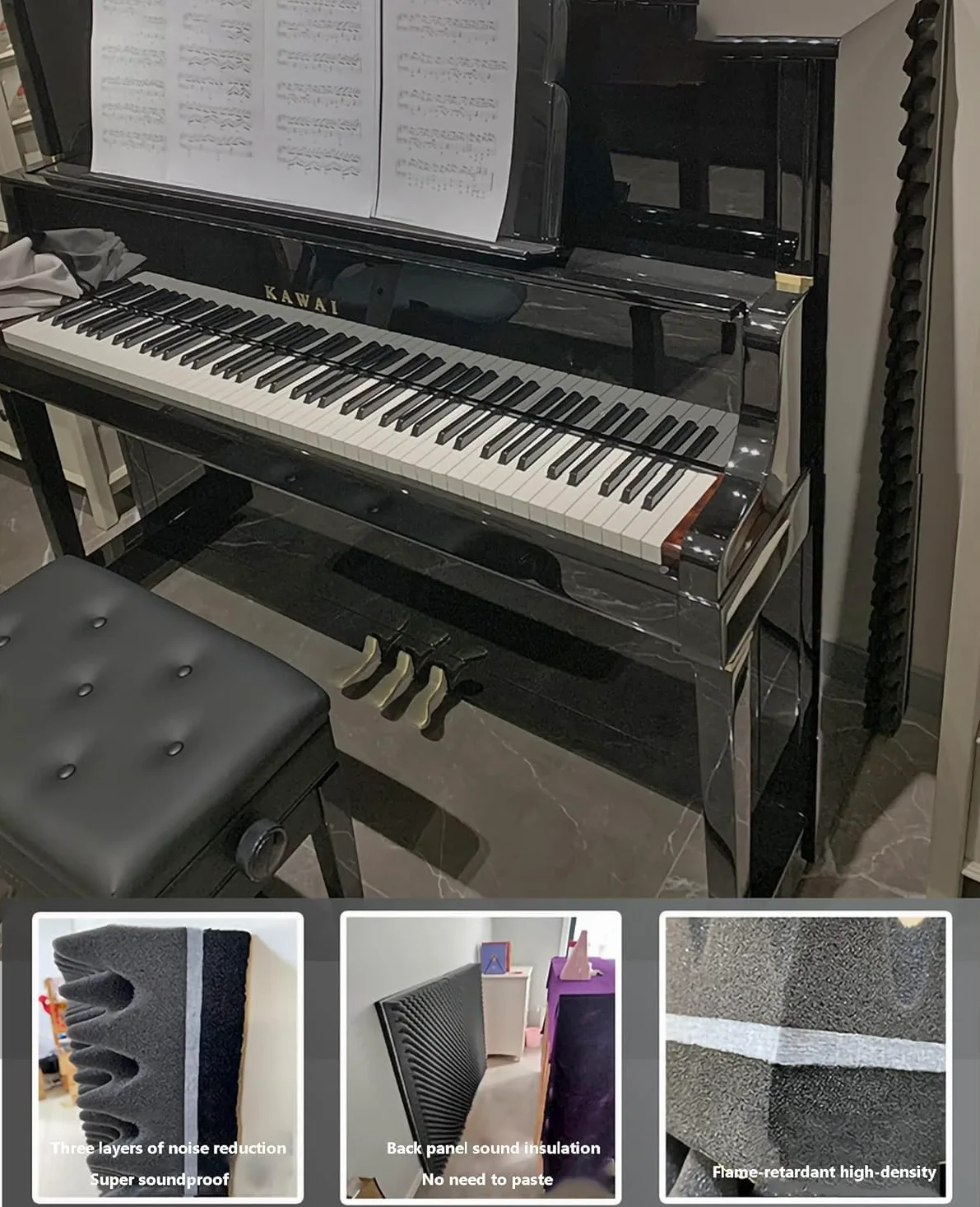 Pannelli acustici per isolamento acustico del pianoforte, spugna assorbente ad alta densità per pianoforte verticale, soluzione insonorizzante per casa e ufficio