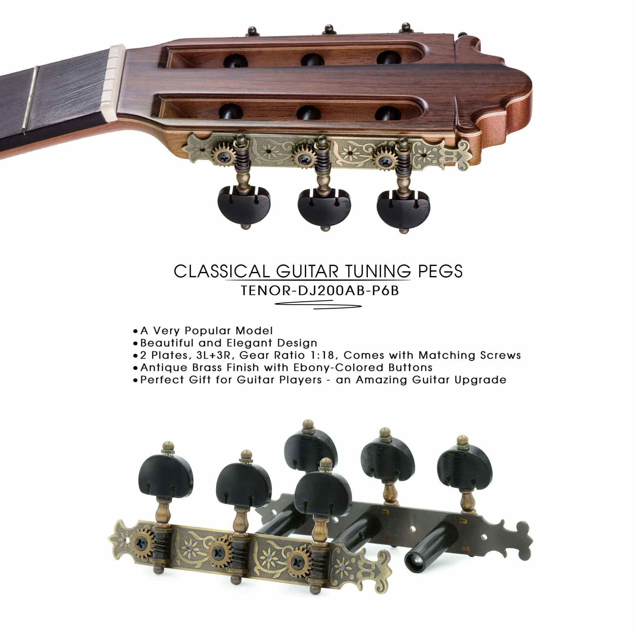 DJ200AB-P6B Tenor Accordatori per chitarra classica professionale accordatura pioli/meccaniche per chitarra classica o flamenco in ottone anticato.