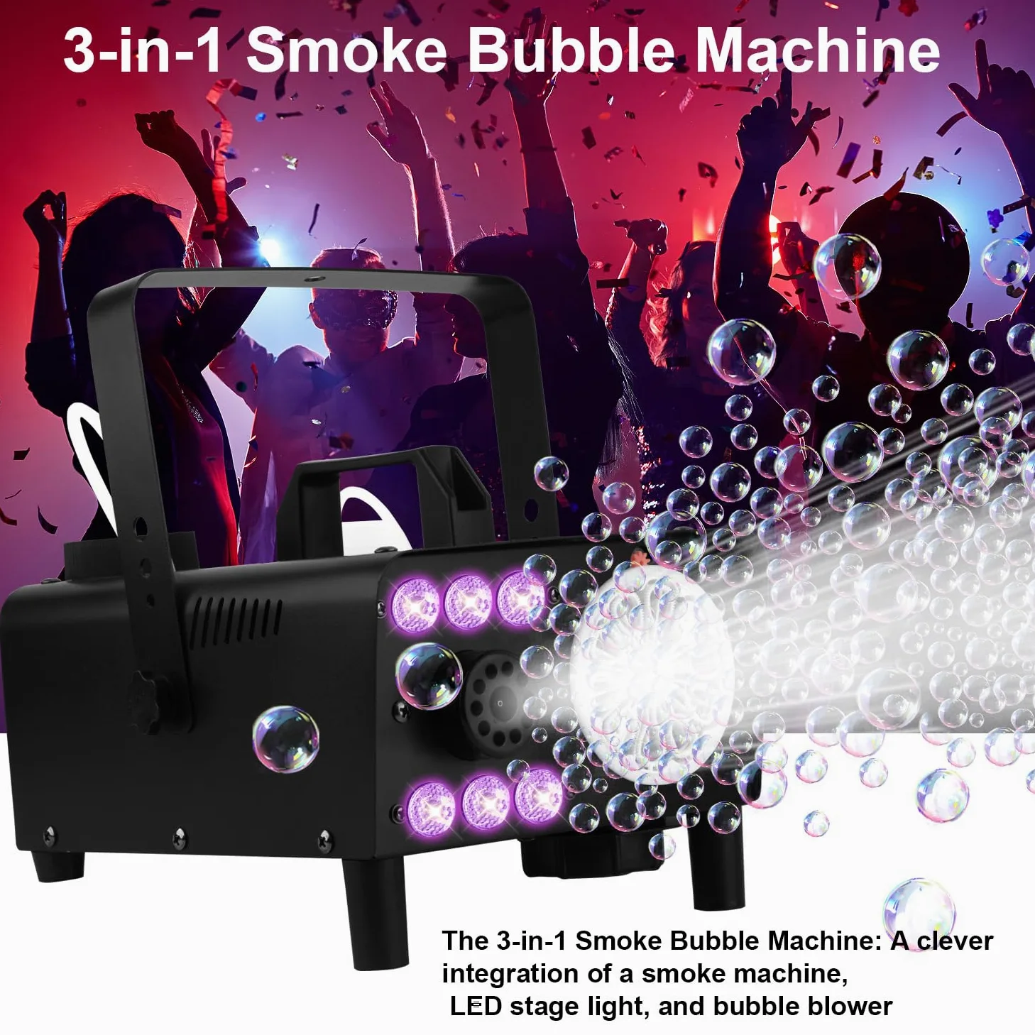 Macchina per bolle di fumo 3 in 1 con luci a LED e telecomando wireless, soffiatore per bolle, illuminazione RGB per feste, matrimoni, Halloween, Natale