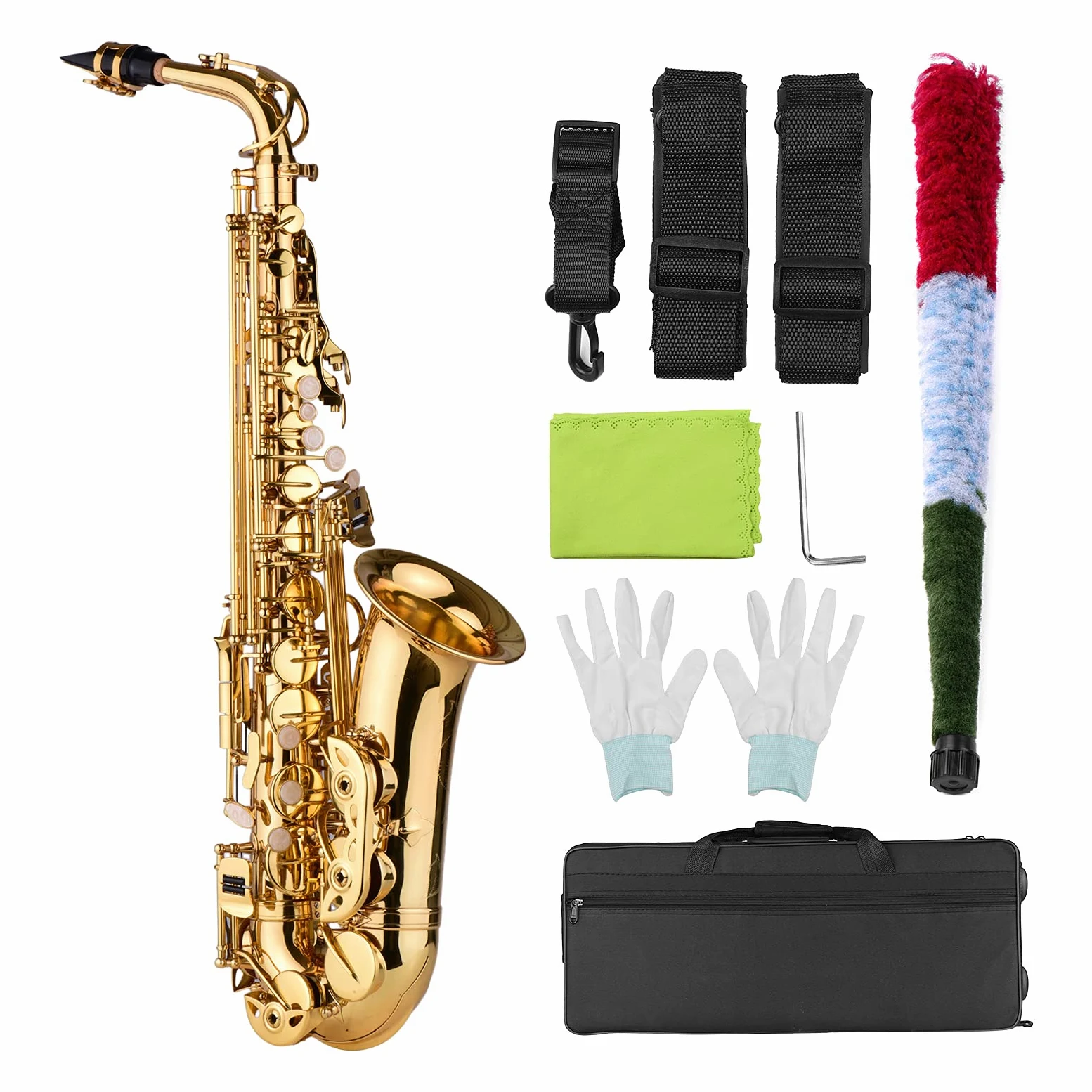 AS200 Sassofono Contralto MIB Ottone Laccato Sax Contralto Strumento a fiato con Custodia per Il Trasporto Guanti Cinghie Panno per Pulizia Spazzola