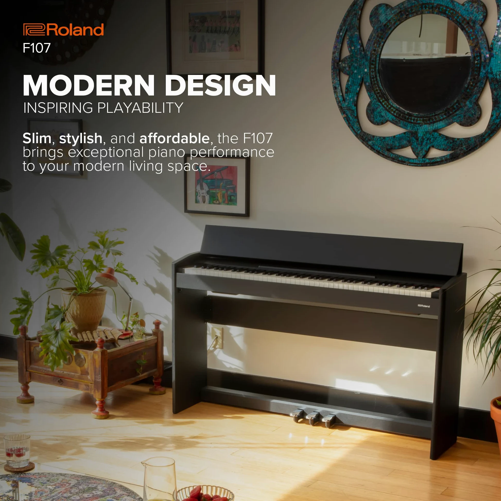 Roland F107 Digital Piano | Piano domestico lineare ed acquistabile con disegno moderno attraente | Perfetto per i principianti | A bordo di Bluetooth® e altro ancora