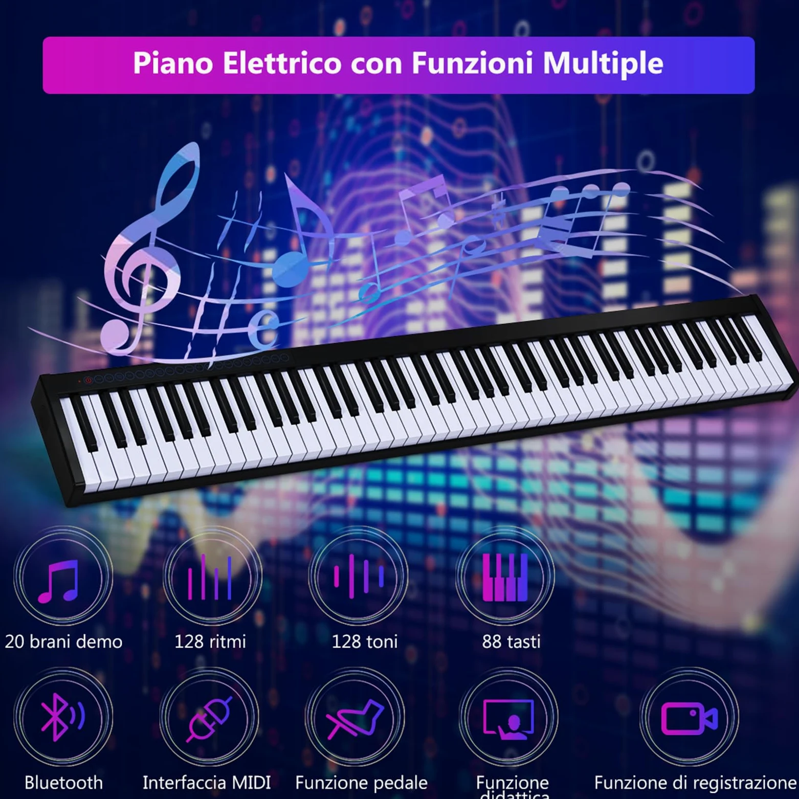COSTWAY Tastiera Musicale 88 Tasti, Pianoforte Digitale Portatile con Custodia, Pianola con 128 Ritmi e Toni, Pedale Sustain, MIDI, USB e Funzione di APP Bluetooth (Nero)