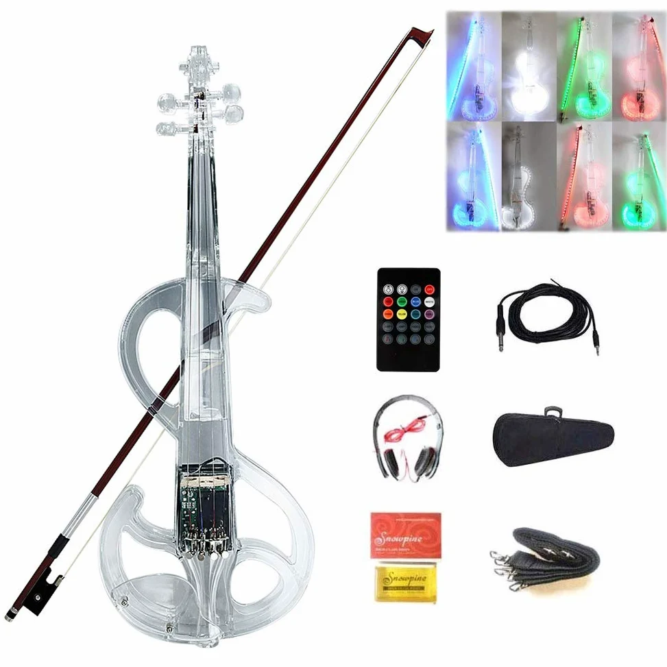 4/4 Violino elettronico Bluetooth LED Colore Luce Violino Acrilico Materiale Trasparente Set per Principianti con Scatola Cuffie Arco Telecomando