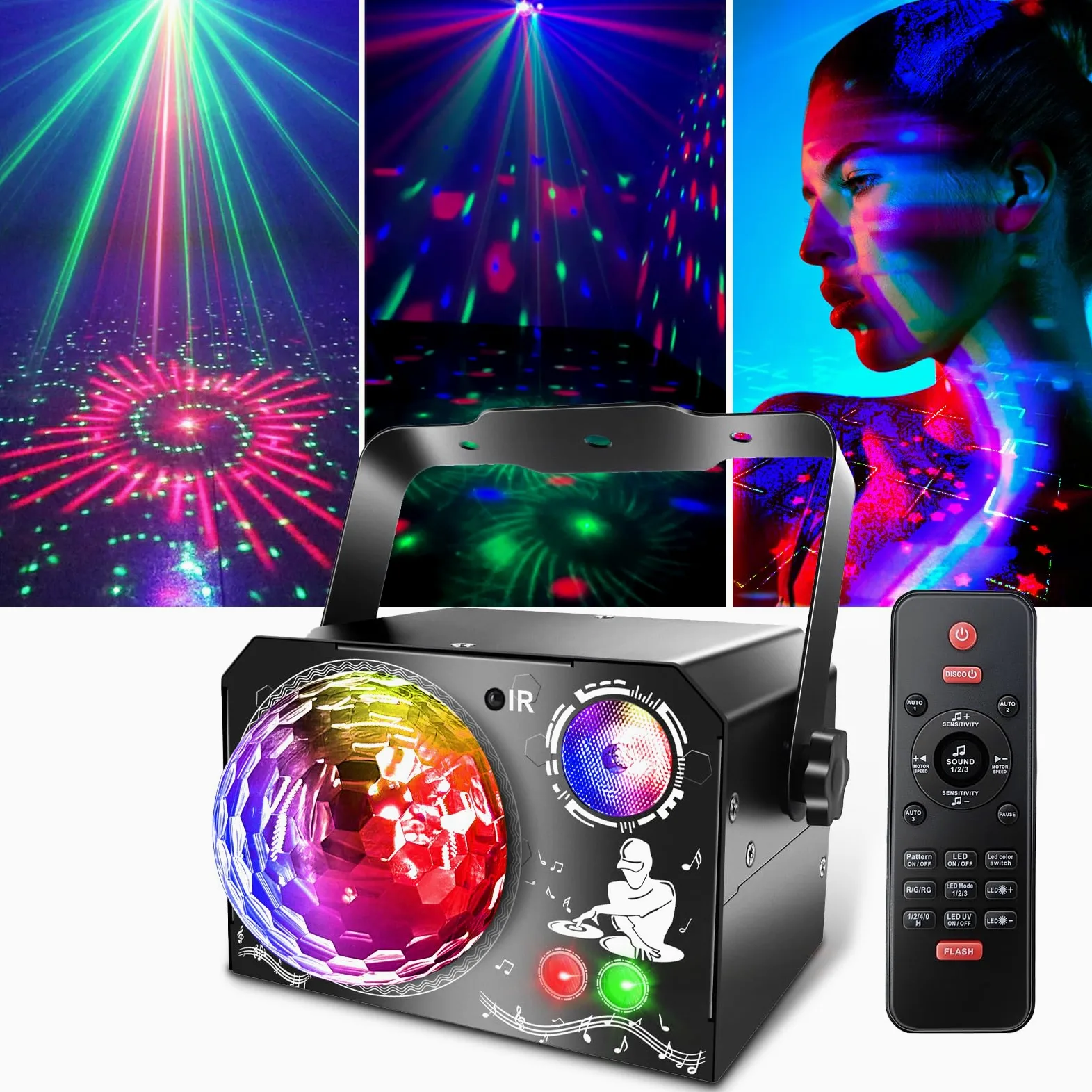 Fwiull Luce da discoteca per feste, 4 in 1, 65 motivi, con telecomando, luce a controllo musicale per DJ Disco, luce UV stroboscopica, RGB, lampada da festa con USB da 2 m, per feste, club, matrimoni
