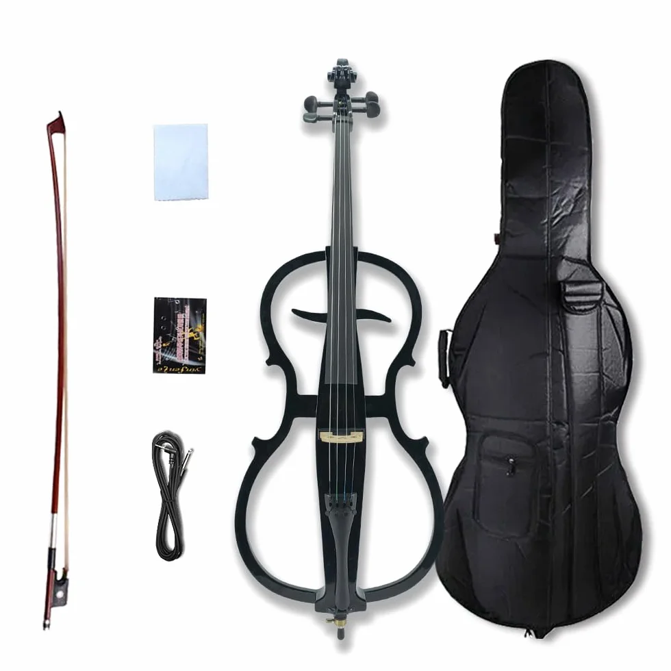 Set di violoncello elettrico 4/4 per principianti (include custodia leggera, cuffie stereo, archetto premium, ponte, colofone) per studenti adulti