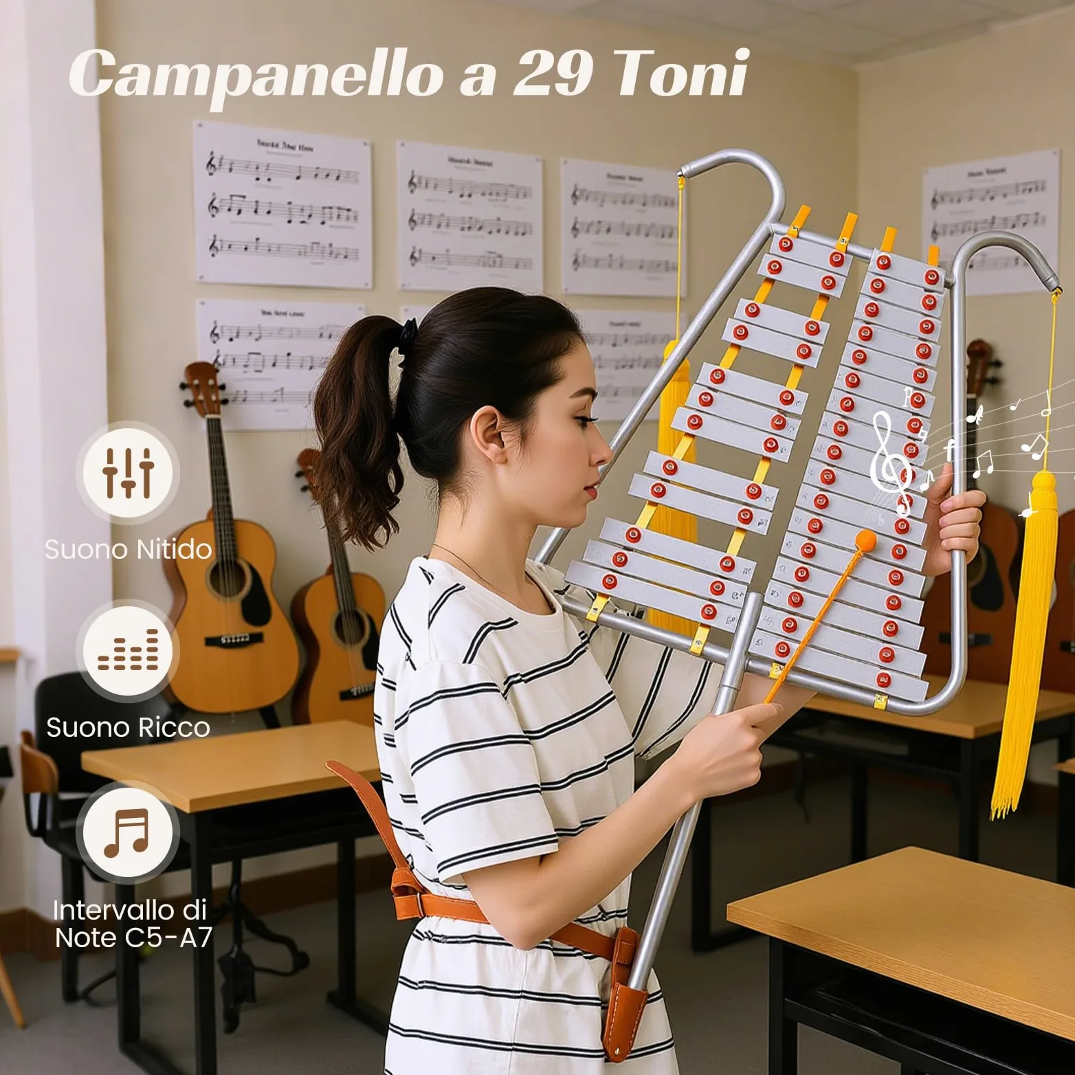 COSTWAY Glockenspiel a 29 Note, Xilofono da Marcia in Alluminio con Maniglia Regolabile, 2 Bacchette e Cinture, Set Strumento a Percussione Portabile per Adulti e Principianti