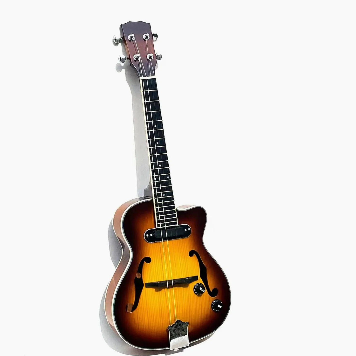 Batking Jazz Ukulele con foro F e pickup, mini ukulele elettrico-acustico a 4 corde in acciaio con cutway (mano destra, 66 cm)
