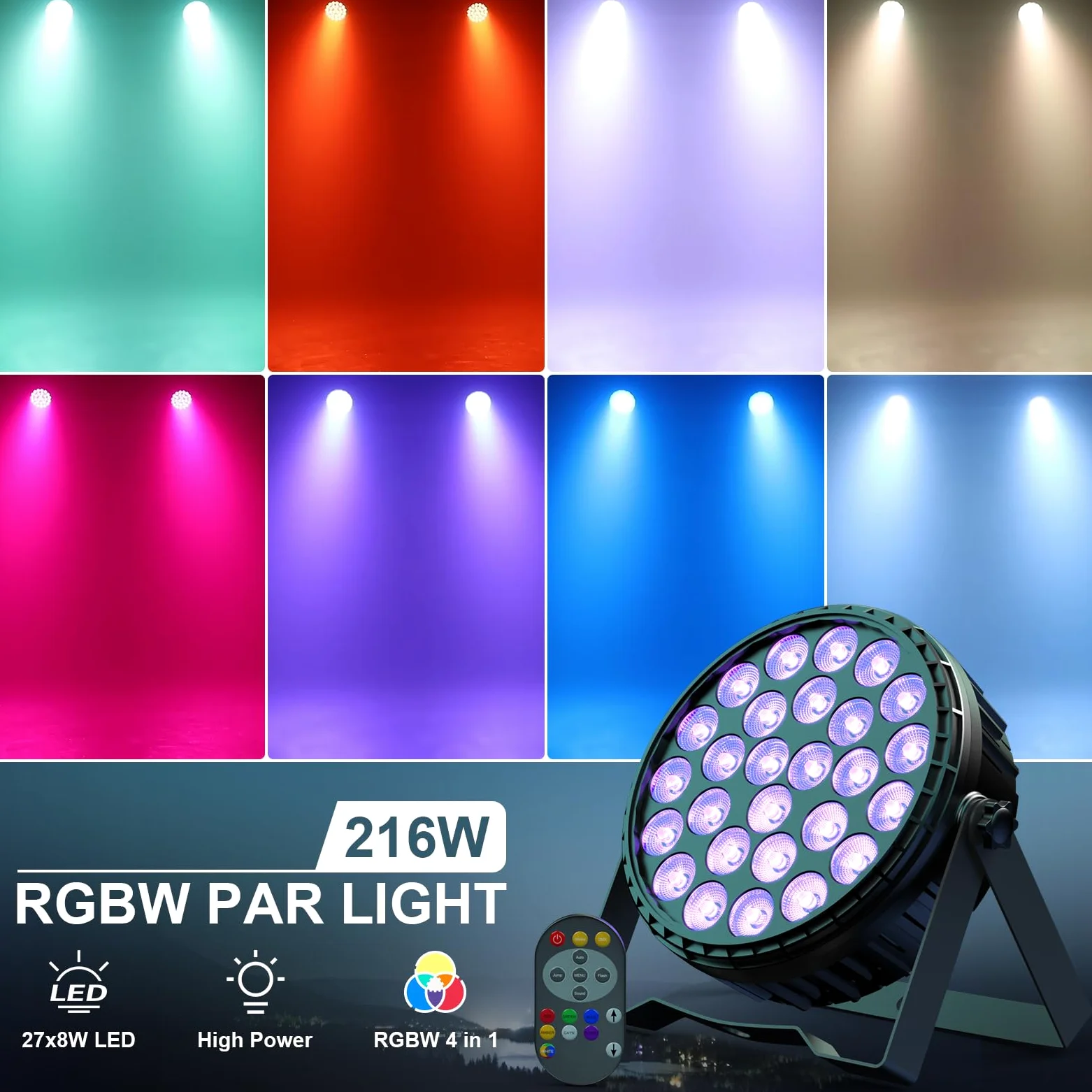 2PCS 216W Par LED Luci Palcoscenico, 27 x 8W RGBW Discoteca DJ Faretti DMX 4/8CH Alta Luminosità Luce Fari LED con Telecomando per Festa Party Bar Teatro Natale