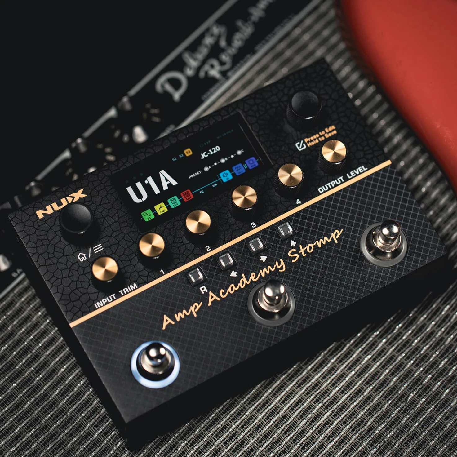 NU-X | Amp Academy Stomp Pedal | Pedale multi-effetto per chitarra con modellazione amplificatore, Bluetooth, Looper, interfaccia audio USB e catena di segnale personalizzabile per esercitarsi con