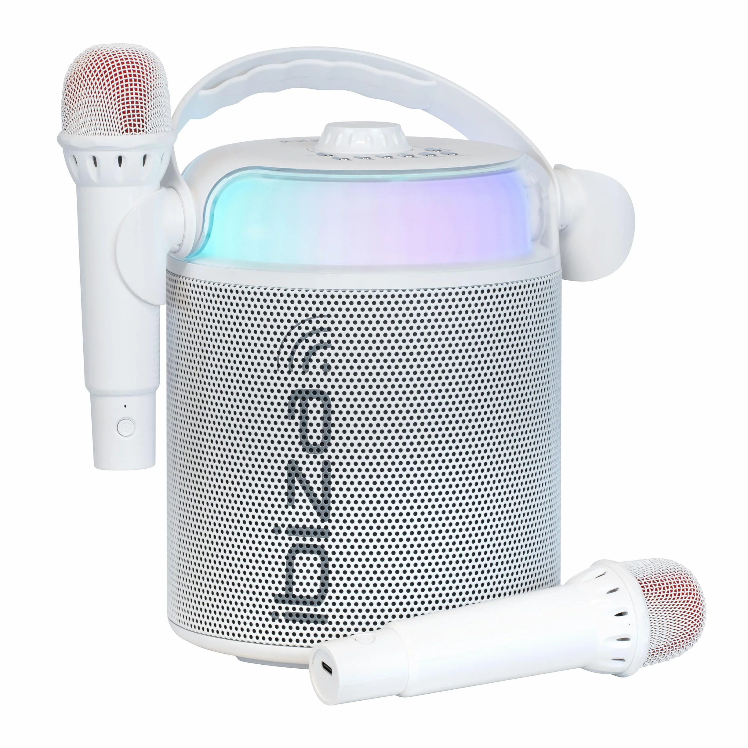 Ibiza - KARAHOME-WH - Altoparlante KARAOKE a batteria con due microfoni wireless (a batteria) - Bluetooth, USB, MicroSD, USB, AUX e COAX - Bianco