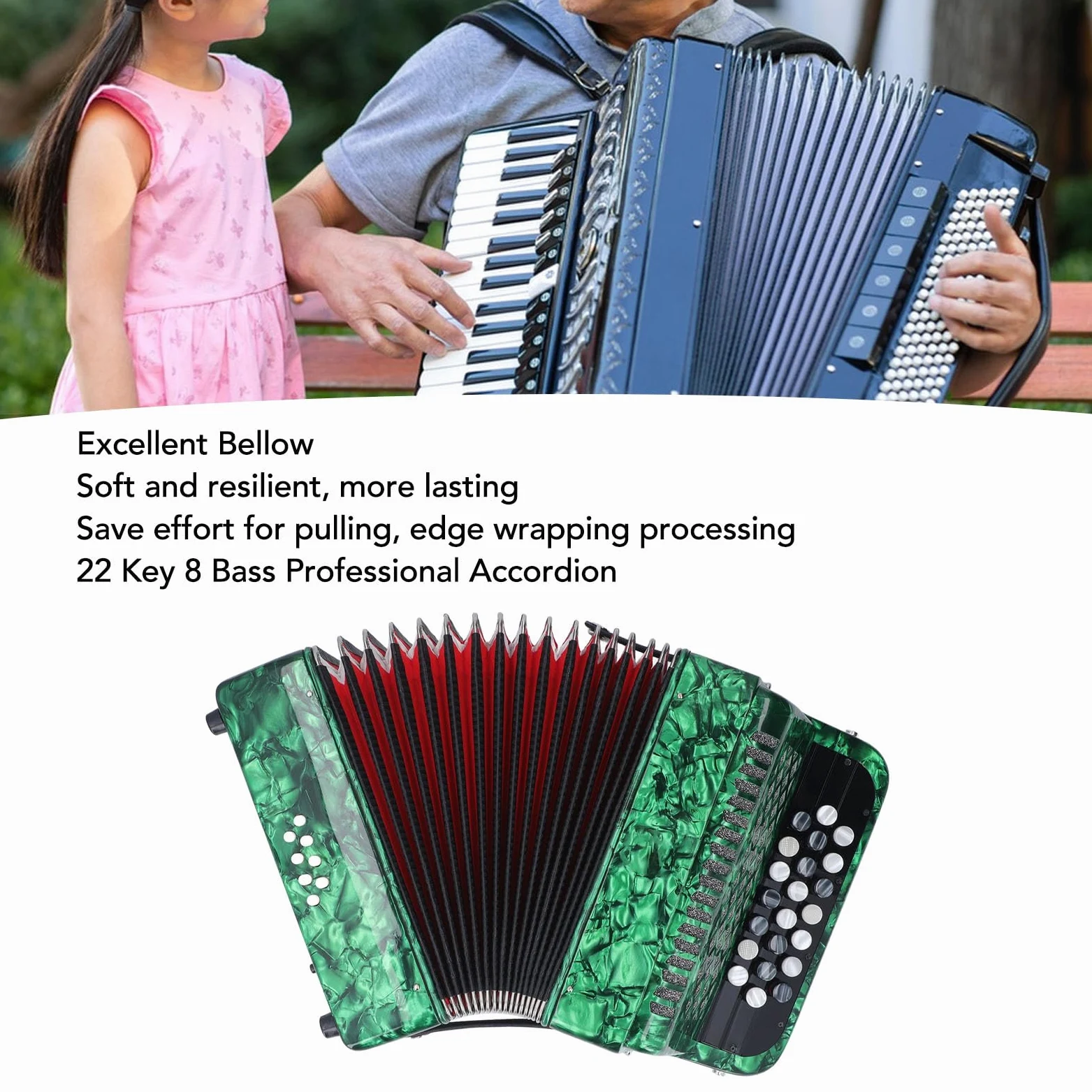 Fisarmonica 22 tasti 8 bassi, strumento musicale professionale per fisarmonica con bottoni sensibili allo scivolamento con tracolla per spettacoli professionali ed esami formali (Green)