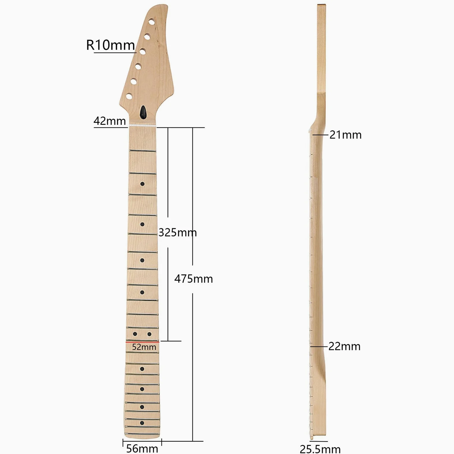 Fockety Manico per chitarra elettrica di ricambio ST, truss rod a doppia azione, tastiera in acero per mano destra, 22 tasti, capotasto in osso, fori di accordatura preforati da 10 mm
