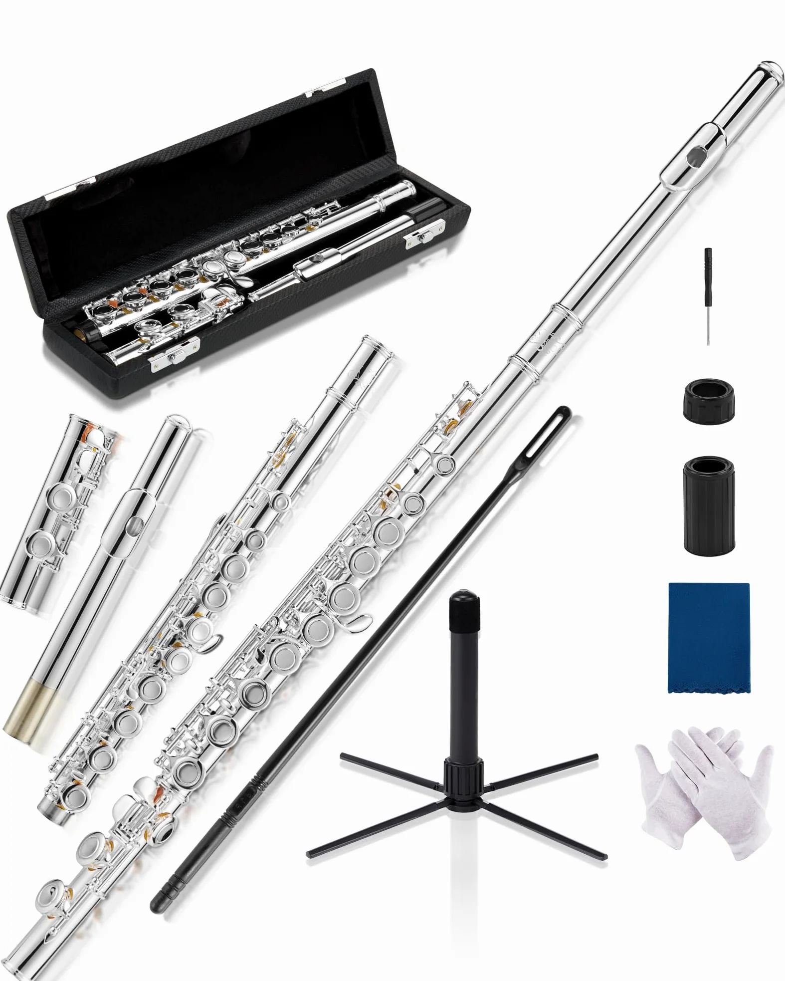 AKLOT Flauto da concerto in Do a foro chiuso: strumento flauto con 16 tasti, offset G, tasti lisci placcati argento, cuscinetti ermetici, include elegante custodia rigida in pelle, kit di pulizia