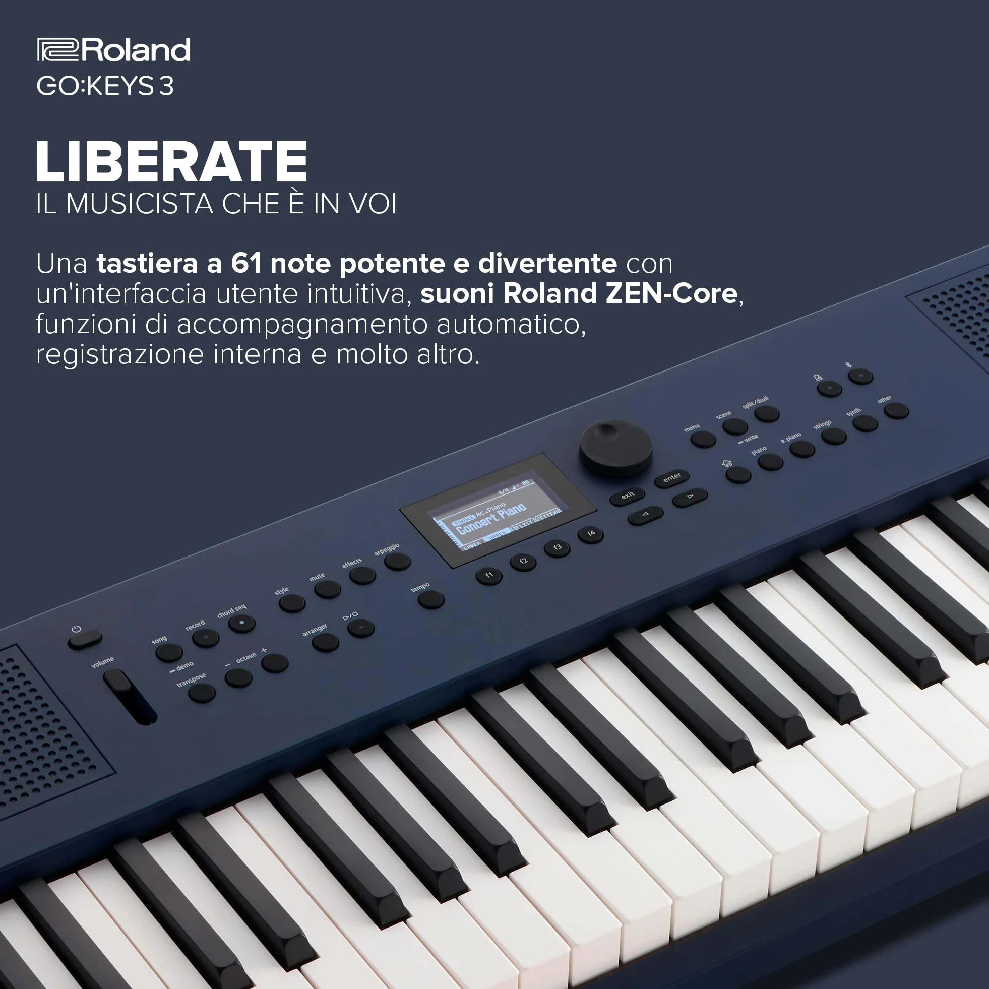 Roland GO:KEYS 3 Music Creation Keyboard | Tastiera a 61 Note | Generatore ZEN-Core con Oltre 1.000 Suoni Integrati | Diffusori Stereo Incorporati | Supporto di Audio/MIDI Bluetooth – Midnight Blue