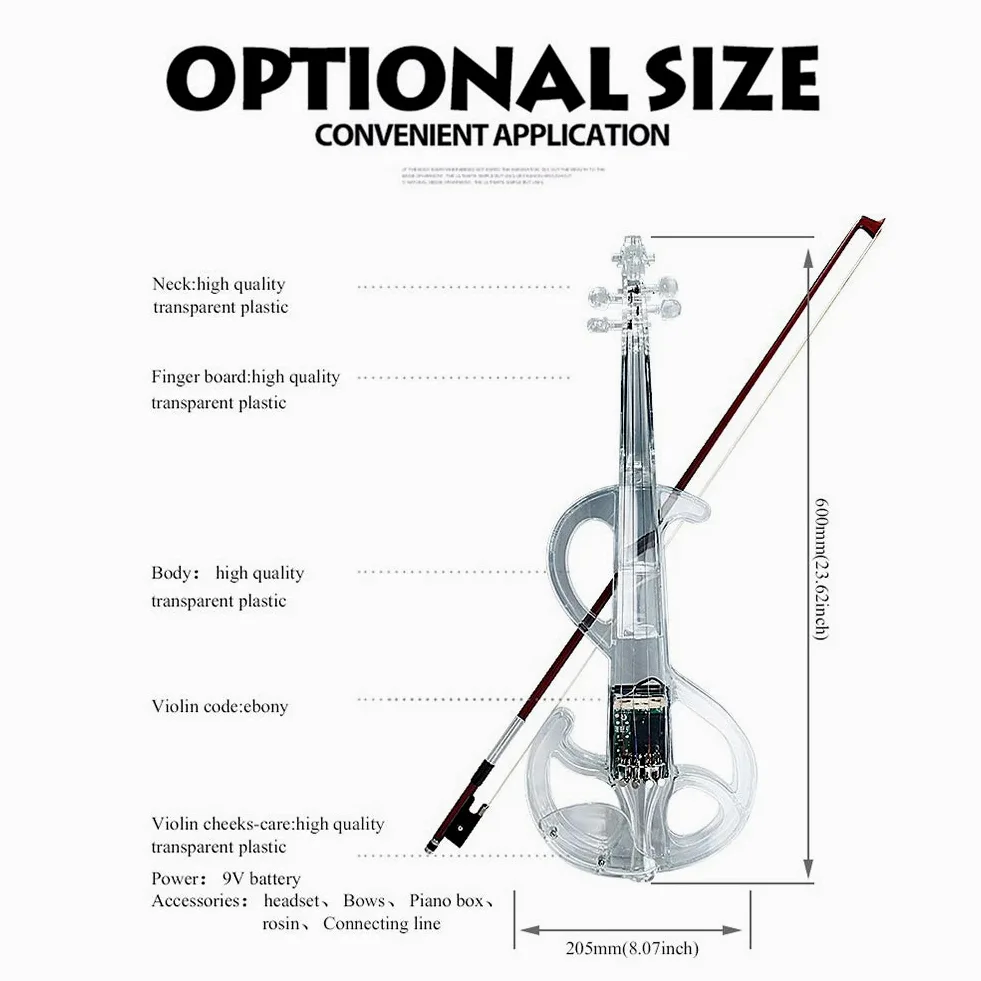 4/4 Violino elettronico Bluetooth LED Colore Luce Violino Acrilico Materiale Trasparente Set per Principianti con Scatola Cuffie Arco Telecomando