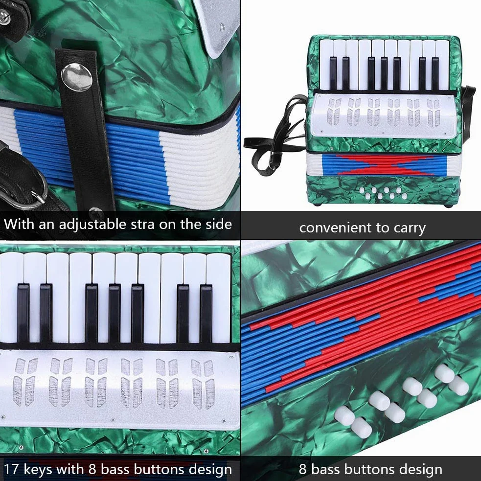 Vendite Pazze Fisarmonica a pianoforte per strumenti musicali a fisarmonica a pianoforte a 8 bassi per principianti per studenti(verde)