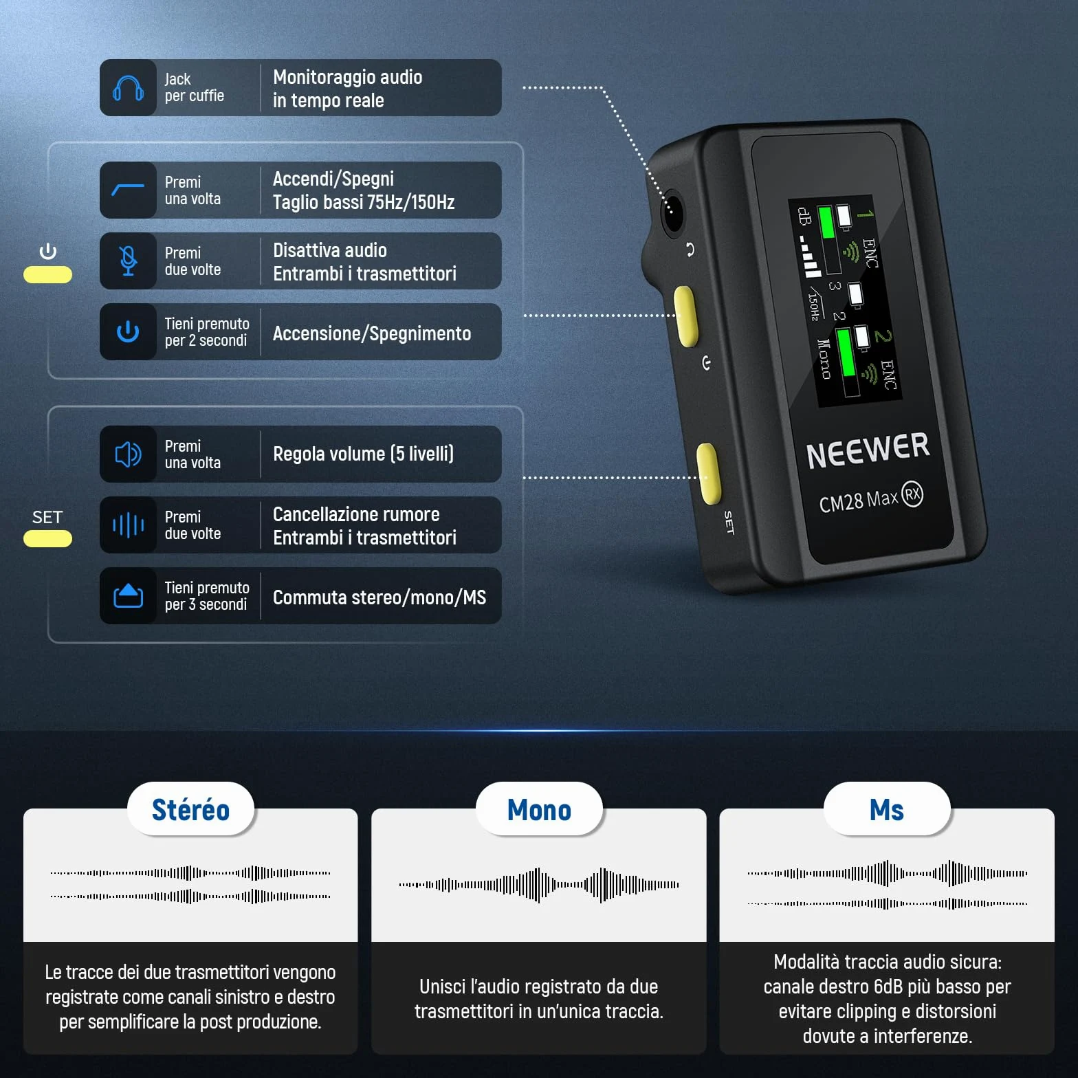 NEEWER CM28 Max Microfono Lavalier Wireless a Bavero con Custodia di Ricarica, Non Compresso 48KHz 24Bit 8GB, 25H di Registrazione Video, Anti Rumore, Mini Mic per iPhone iPad Android Fotocamera PC