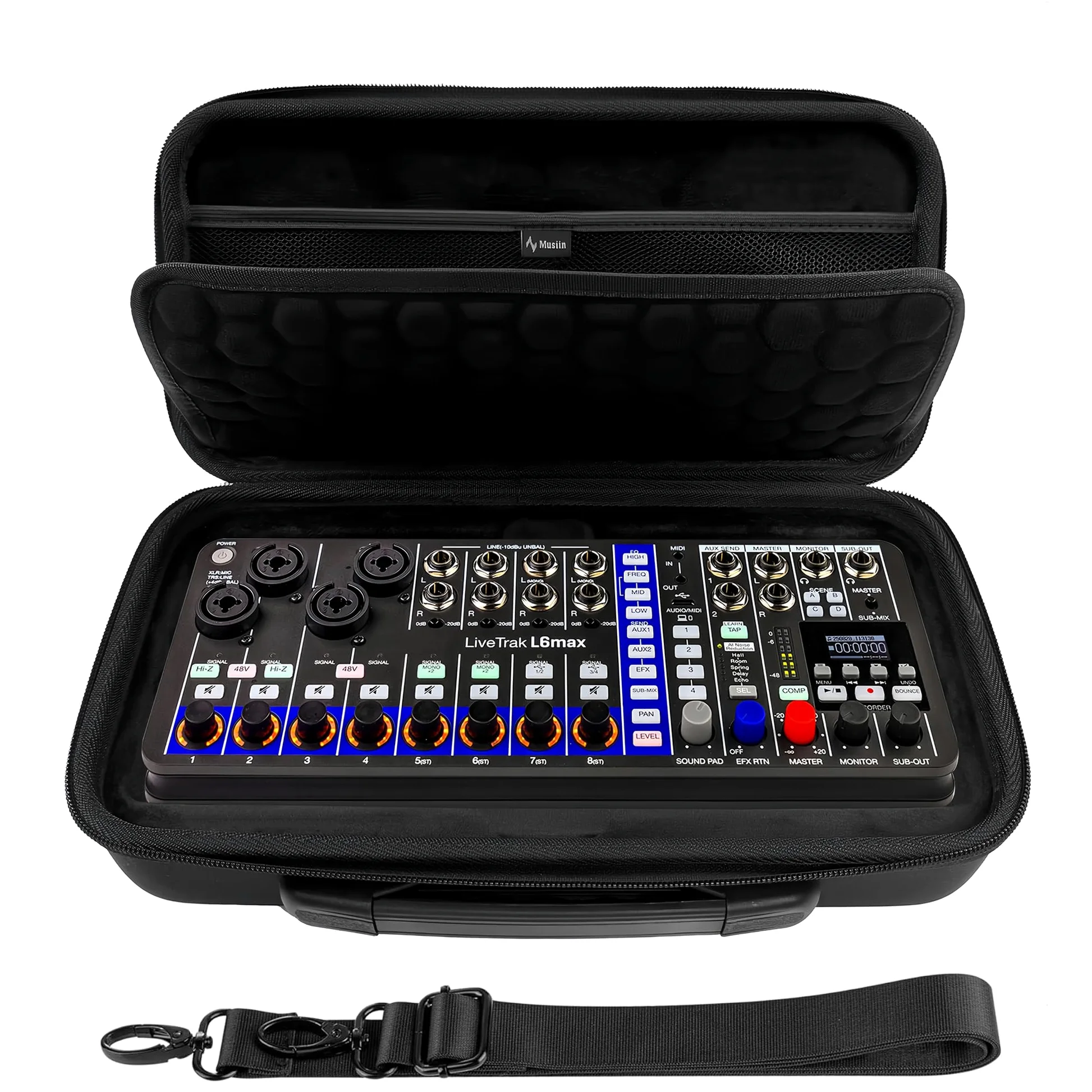 Musiin Custodia per mixer audio compatibile con Zoom Live Trak L6 MAX, interni personalizzati, design a doppia cerniera, tasca superiore in rete, maniglia e tracolla, per studio, viaggi e spettacoli