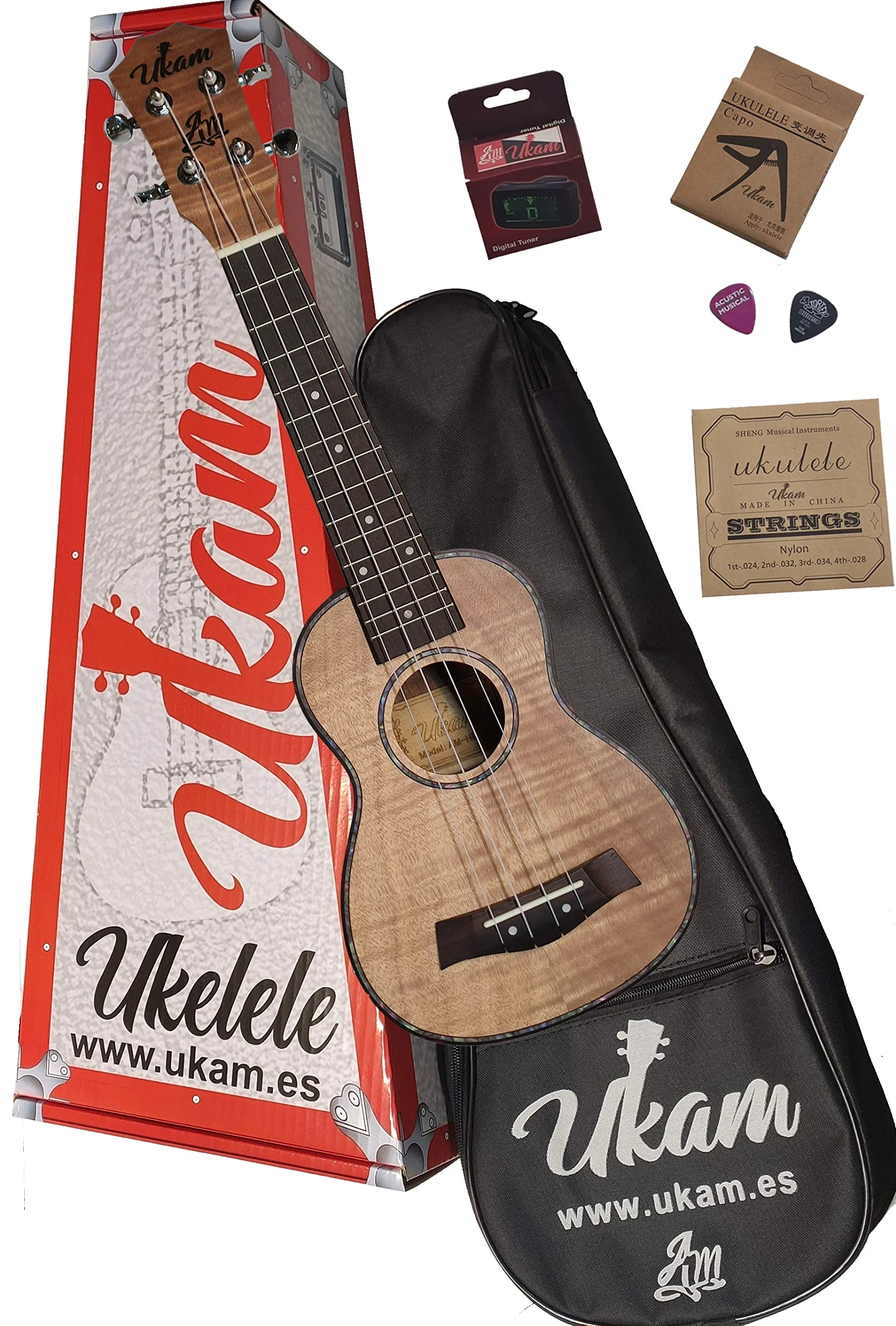 Ukulele Soprano 21" UKAM AM-HM10, modello Tigre Oguman, con accordatore a clip, capotasto speciale ukulele, custodia imbottita con cinghia, set di corde extra e plettri. Pacchetto completo avanzato.