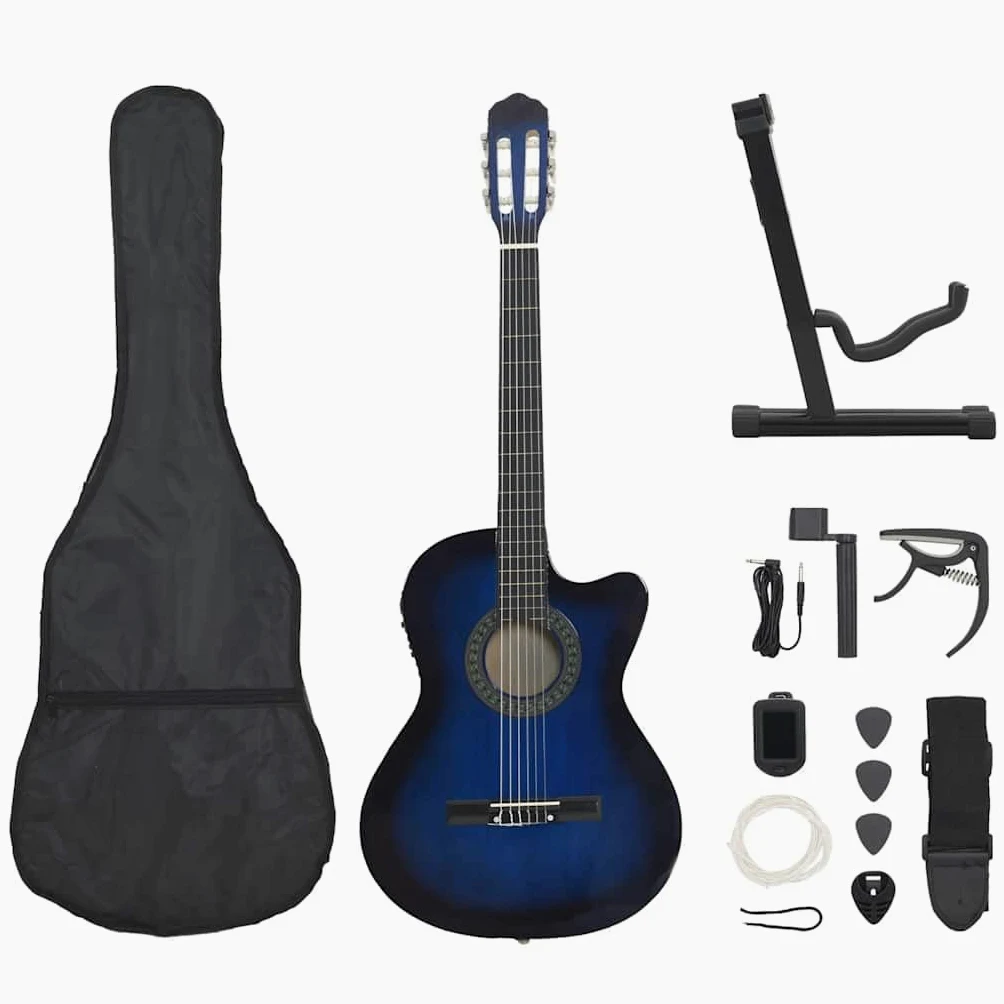 Set di 12 chitarre western, blu, chitarra acustica 4 4 con 6 corde in nylon, 4 bande EQ, custodia, supporto, plettro, capotasto e accordatore per apprendimento, palcoscenico, studio e viaggi