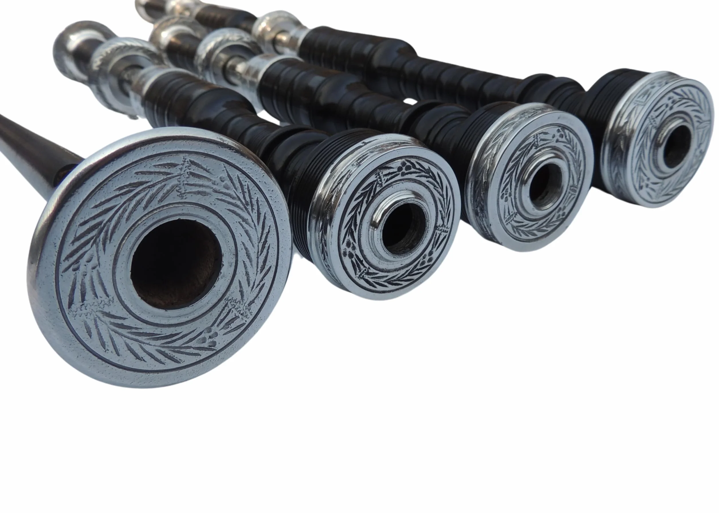 Cornamusa Great Highland in legno di cobolo sfumato nero con supporti incisi in nichel argento e cordino di copertura in velluto nero, per studenti, kit completo con guida per