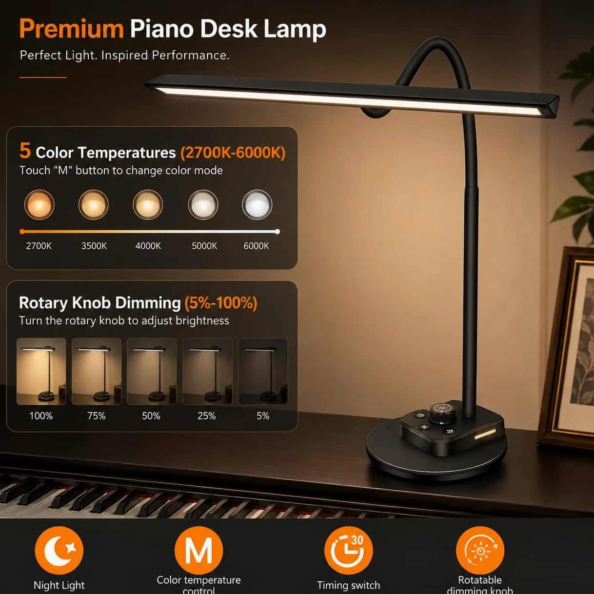 Lampada per pianoforte a coda e pianoforti verticali, lampada LED dimmerabile con 5 modalità di illuminazione, porta di ricarica USB, timer di spegnimento automatico, design a collo di cigno
