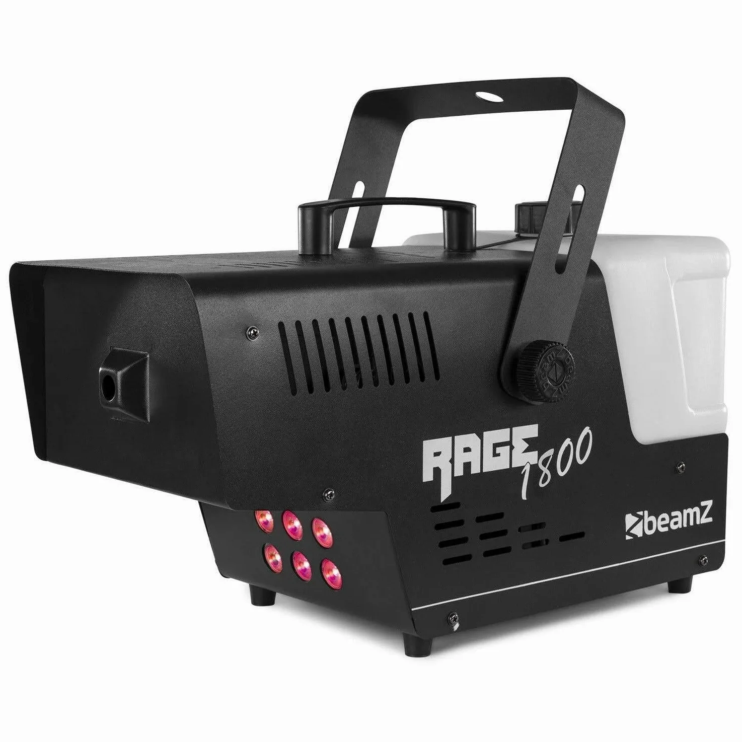 Beamz Rage 1800 - Macchina del Fumo con telecomando, 1800 Watt, 6 x 4 W LED RGBW, volume Uscita: 530 m³ al minuto, volume serbatoio: 3,5 litri, 7 canali DMX, tempo di riscaldamento: 4 min