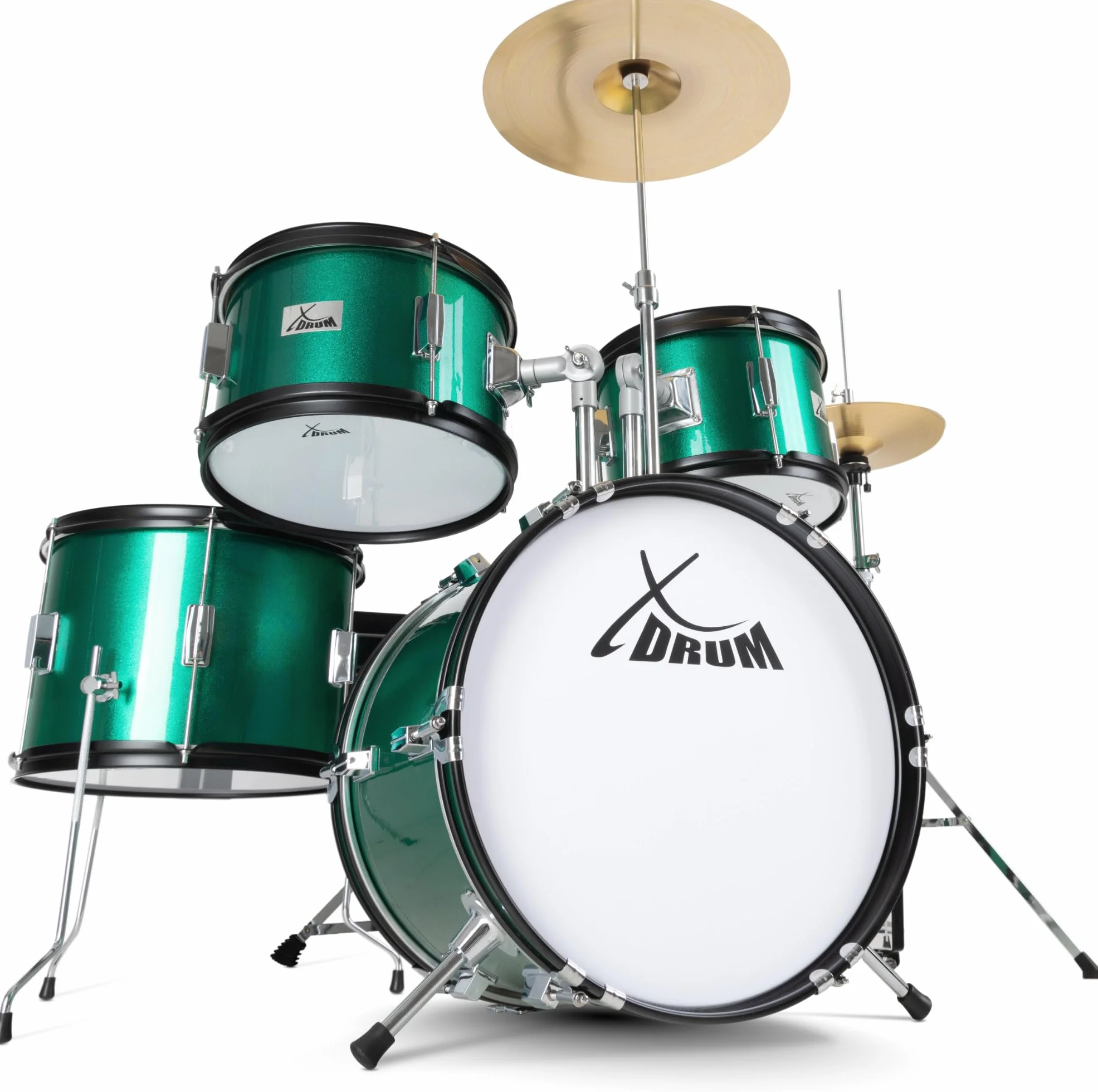 XDrum Junior Pro Batteria per Bambini Emerald Green Sparkle - adatta da 5 a 9 anni - Drumset con accessori completi - incl. scuola - Verde