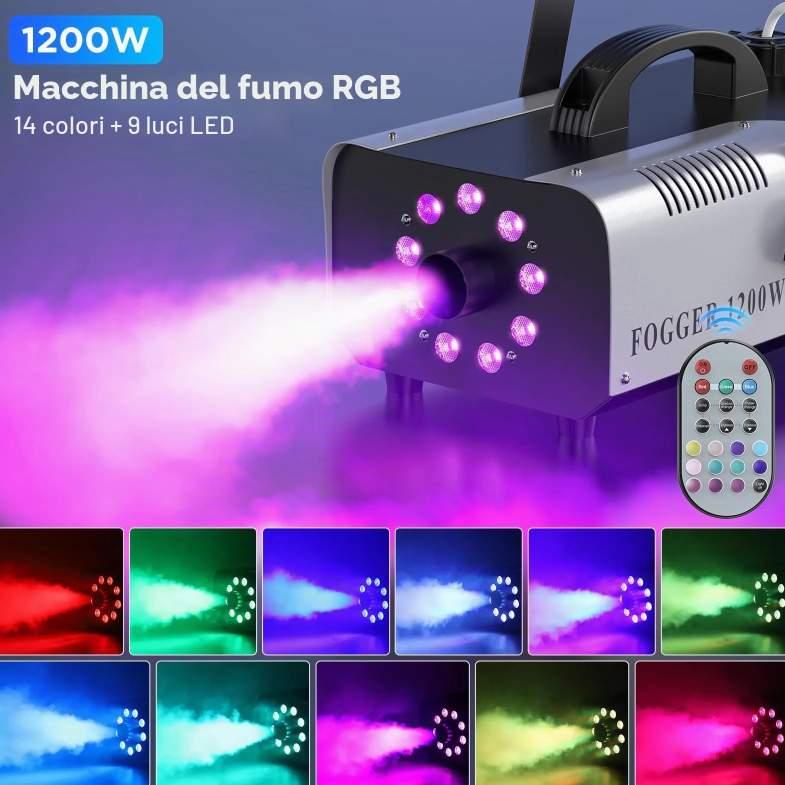 Macchina del Fumo 1200W 9 RGB LED Portatile Macchina del Fumo con Telecomando Wireless per Feste DJ Bar Club Spettacoli Teatrali Matrimonio Halloween