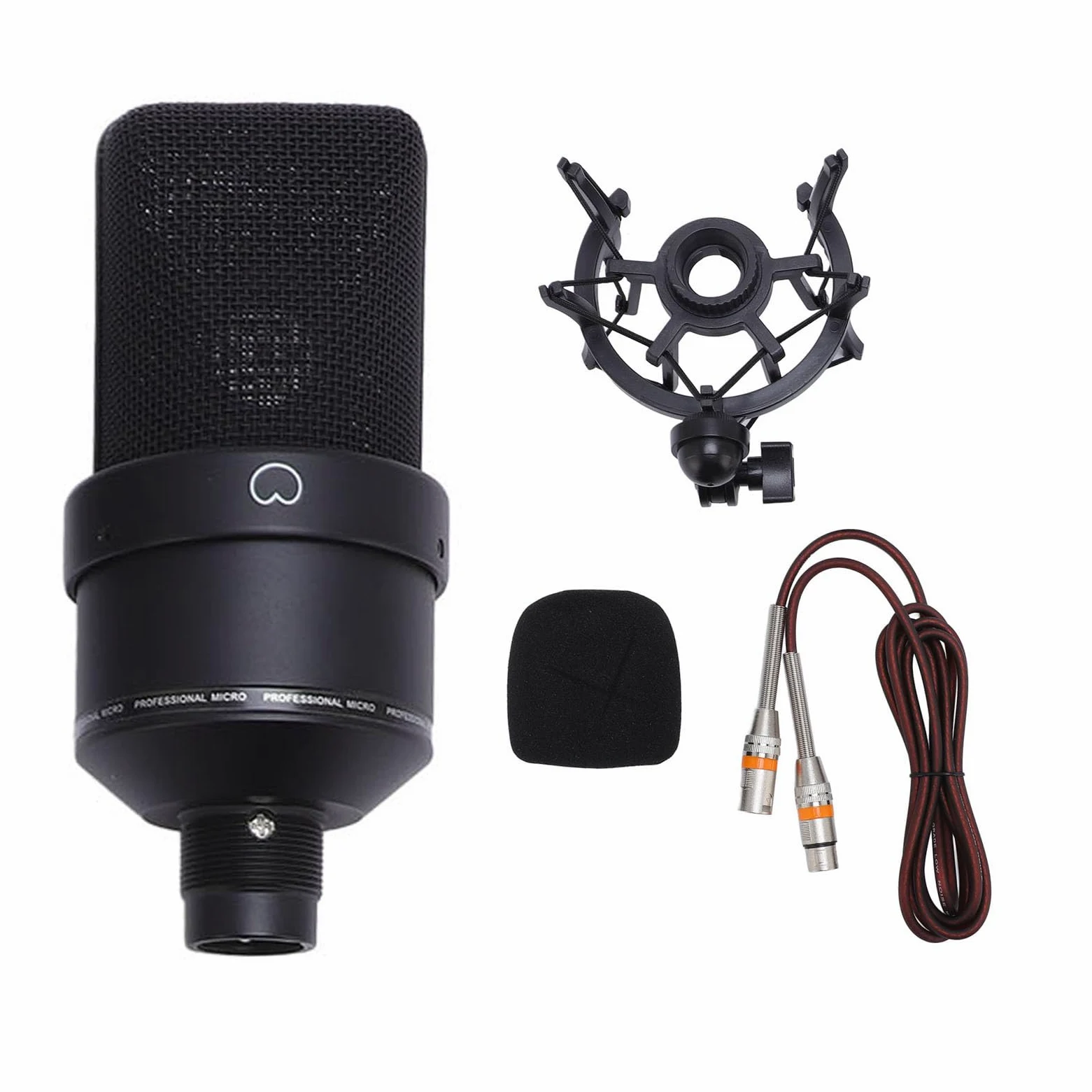 Microfono a condensatore studio professionale 26 mm diaframma largo XLR microfono di registrazione con supporto antiurto cavo antivento per podcasting canto streaming gi (Nera)