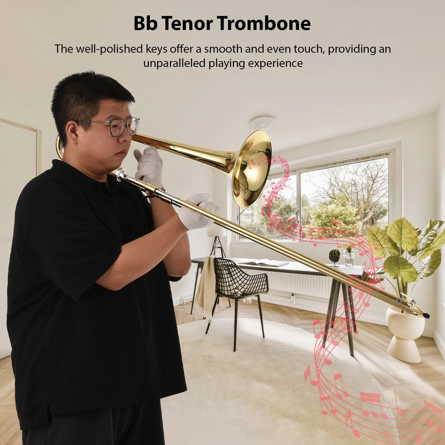 Trombone tenore in SIB per Principianti,Studenti,Strumento Trombone Placcato in Ottone,Trombone tenore a Coulisse in SIB con bocchino,Custodia per Il Trasporto,Guanti Bianchi,Panno per la