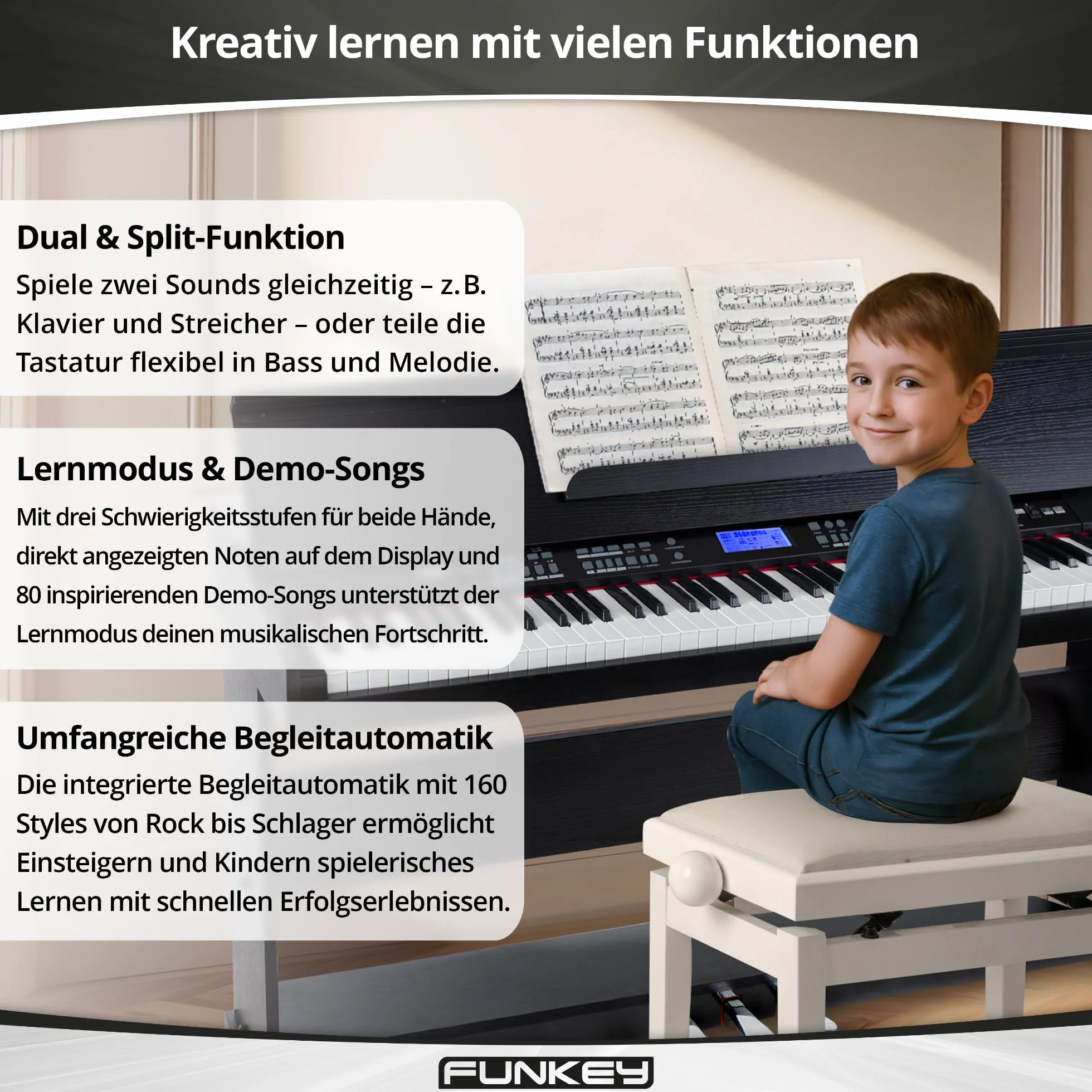 FunKey DP-88 II Pianoforte digitale nero Set con panca economy, cuffie e guida (tedesco)